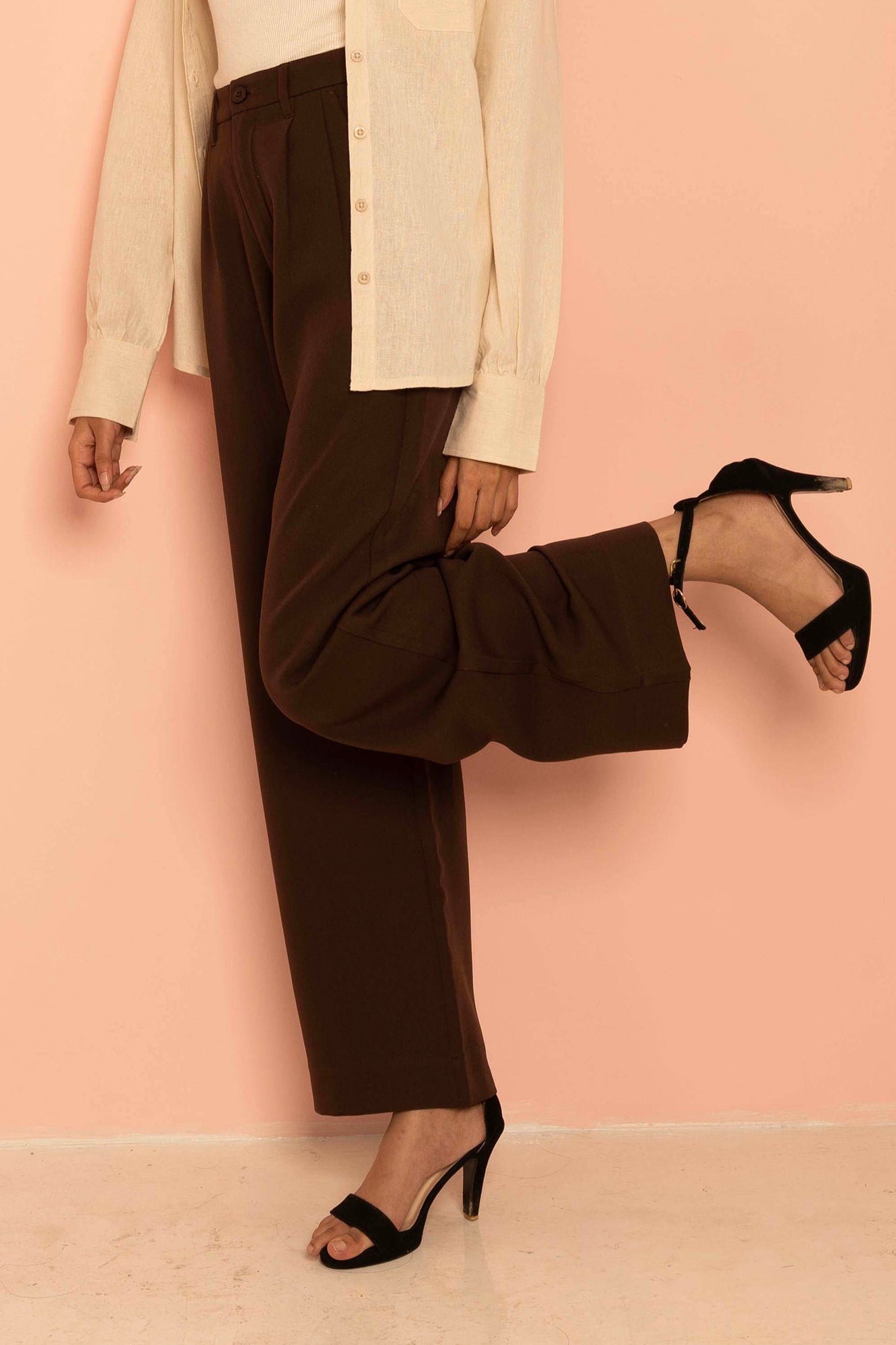 Wide Leg High Waist Pleated Pants for Women - Coffee