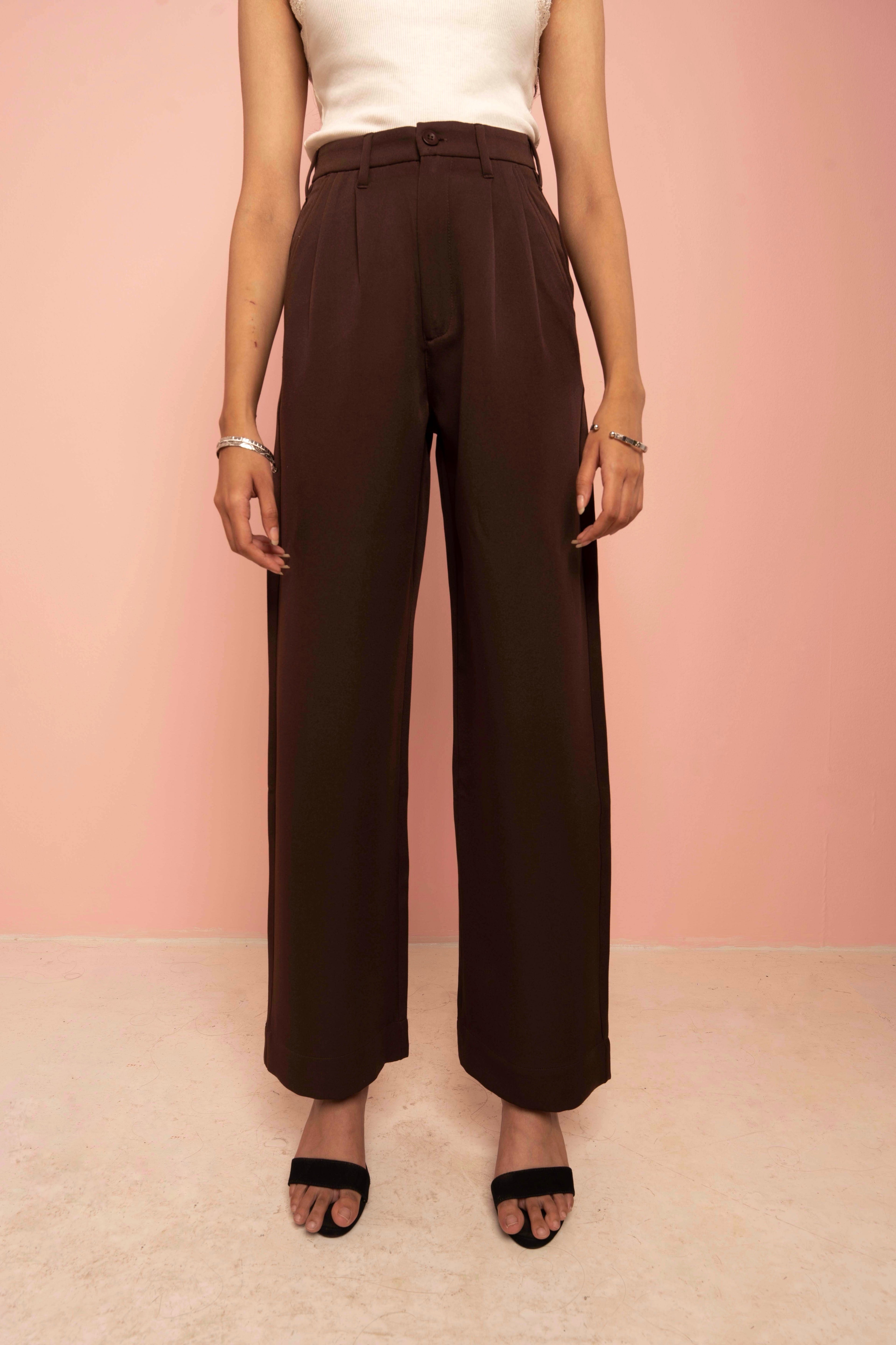 Wide Leg High Waist Pleated Pants for Women - Coffee