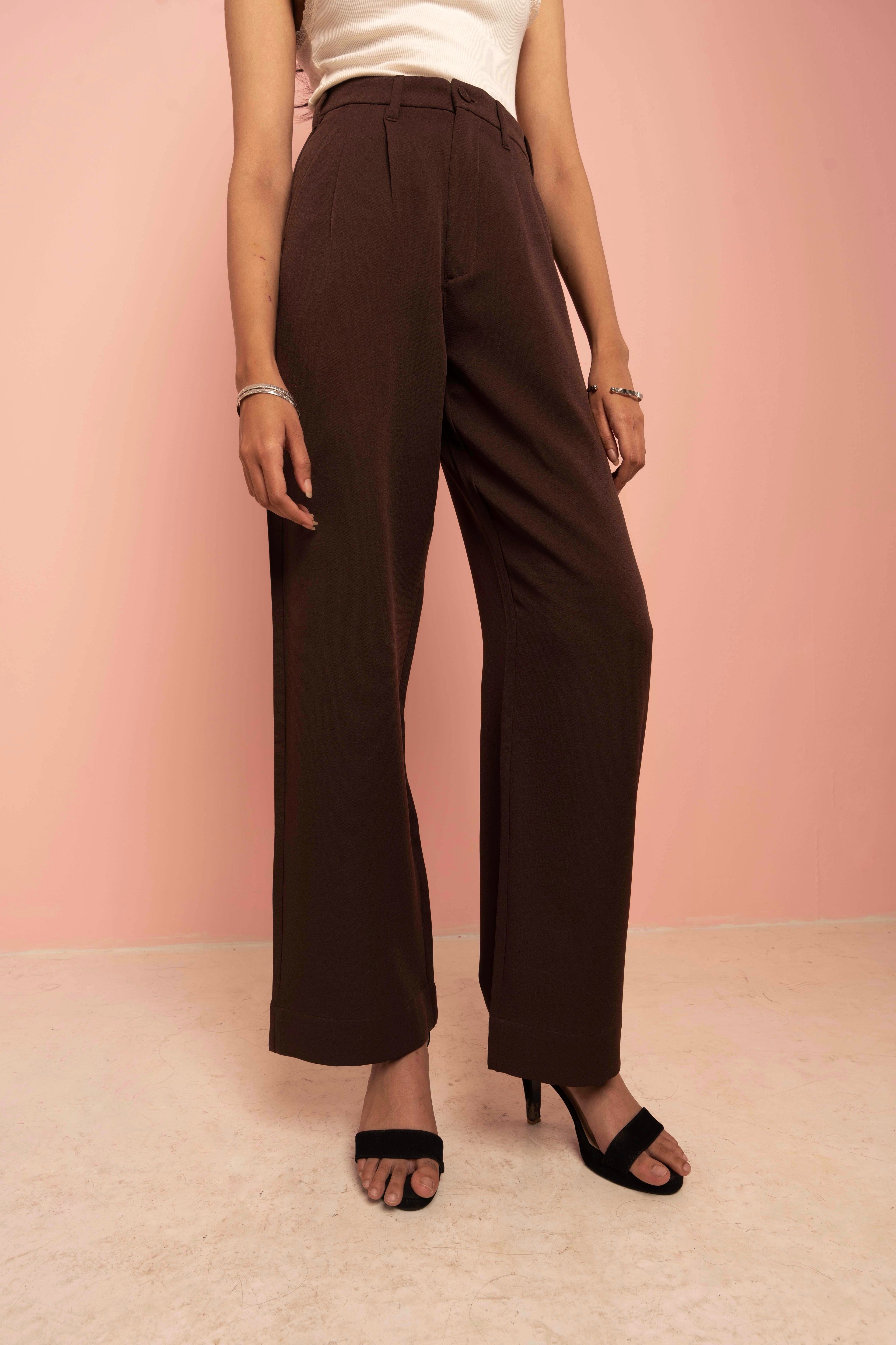 Wide Leg Pleated Pants for Women - Coffee