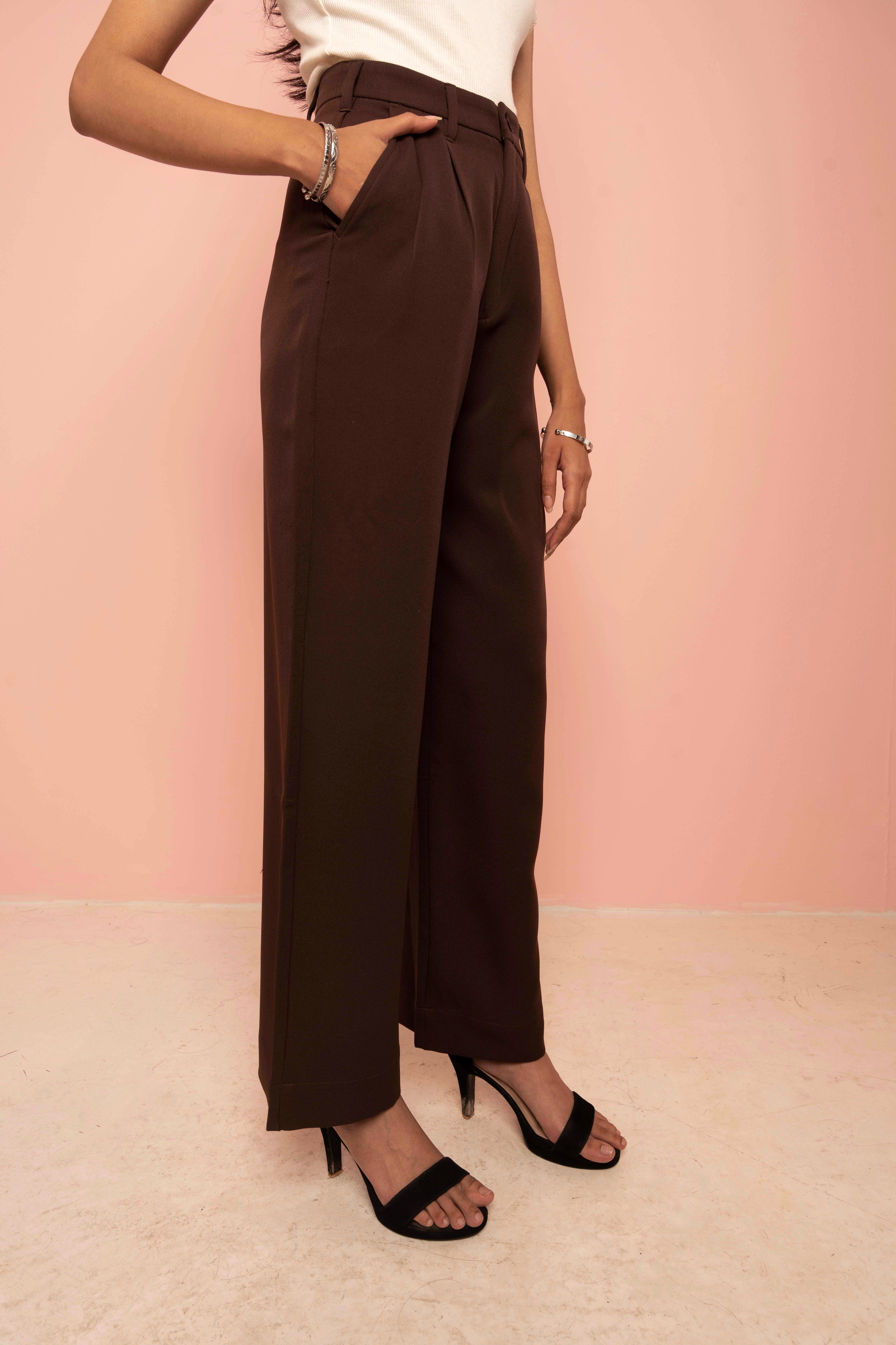 Wide Leg High Waist Pleated Pants for Women - Coffee