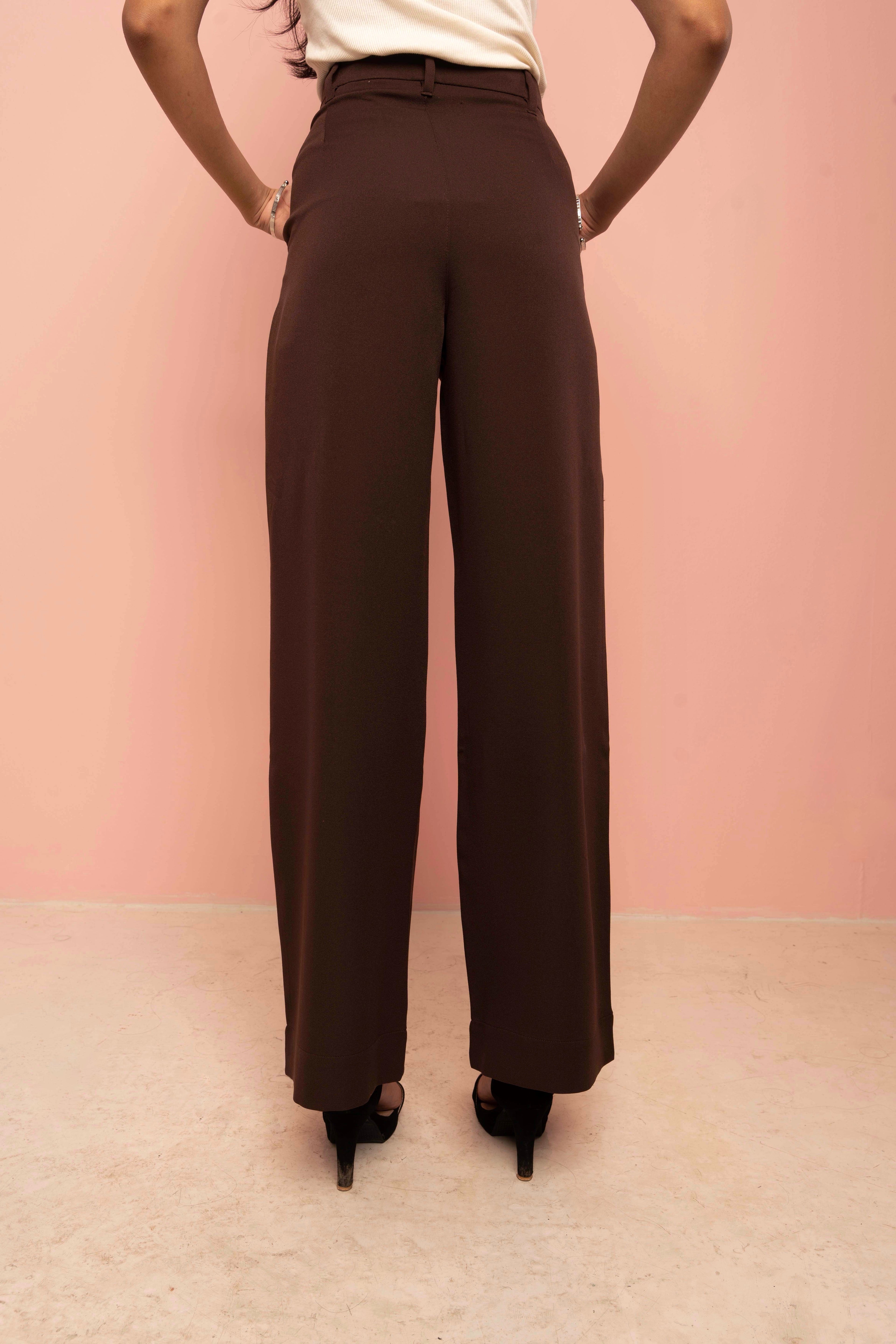 Wide Leg High Waist Pleated Pants for Women - Coffee