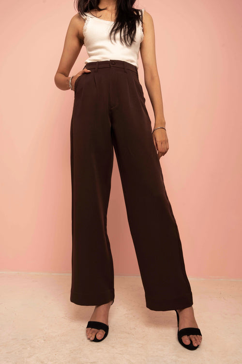 Wide Leg Pleated Pants for Women - Coffee
