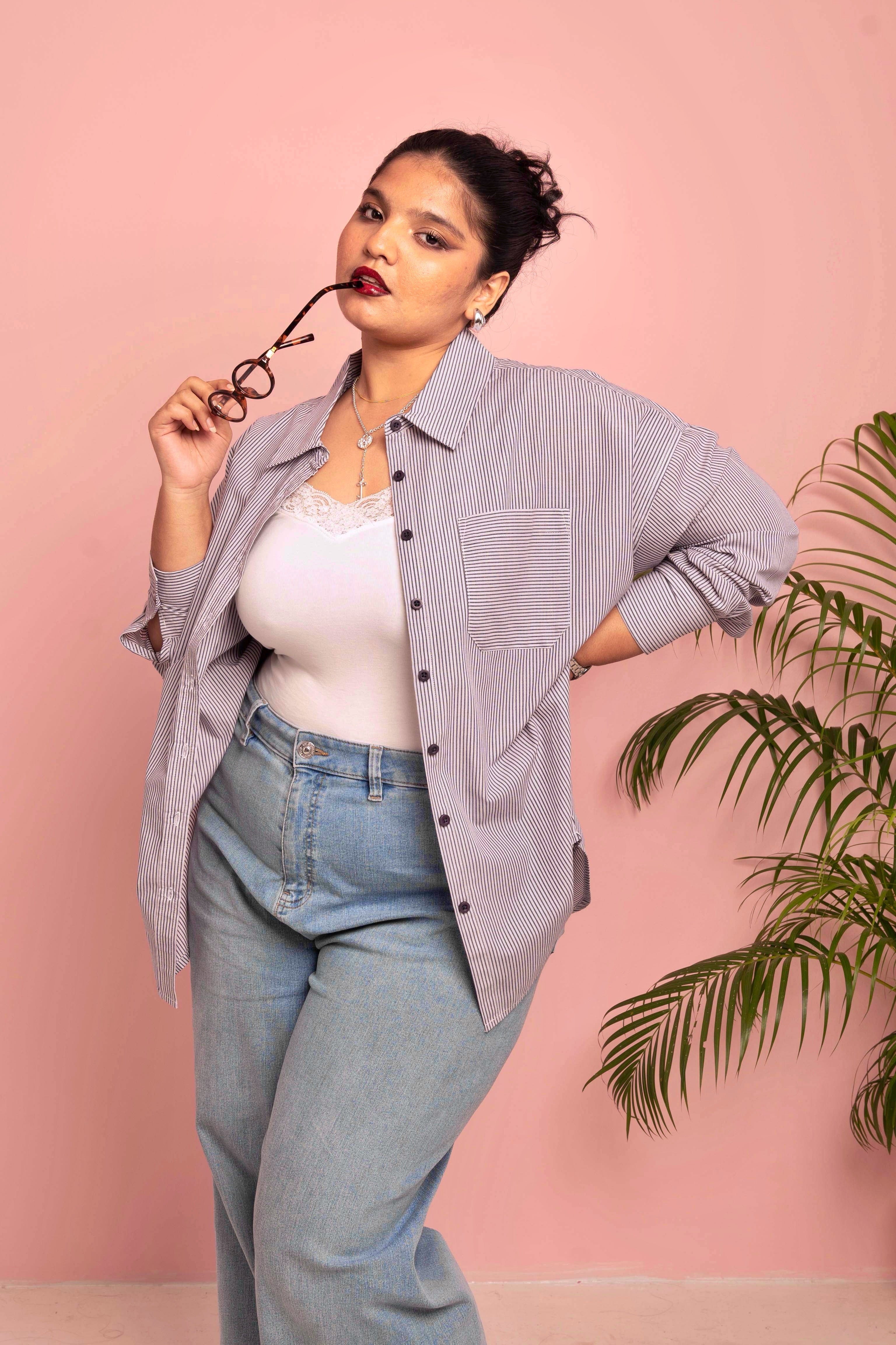 Oversized Shirt for Women - Navy and White Thin Stripe