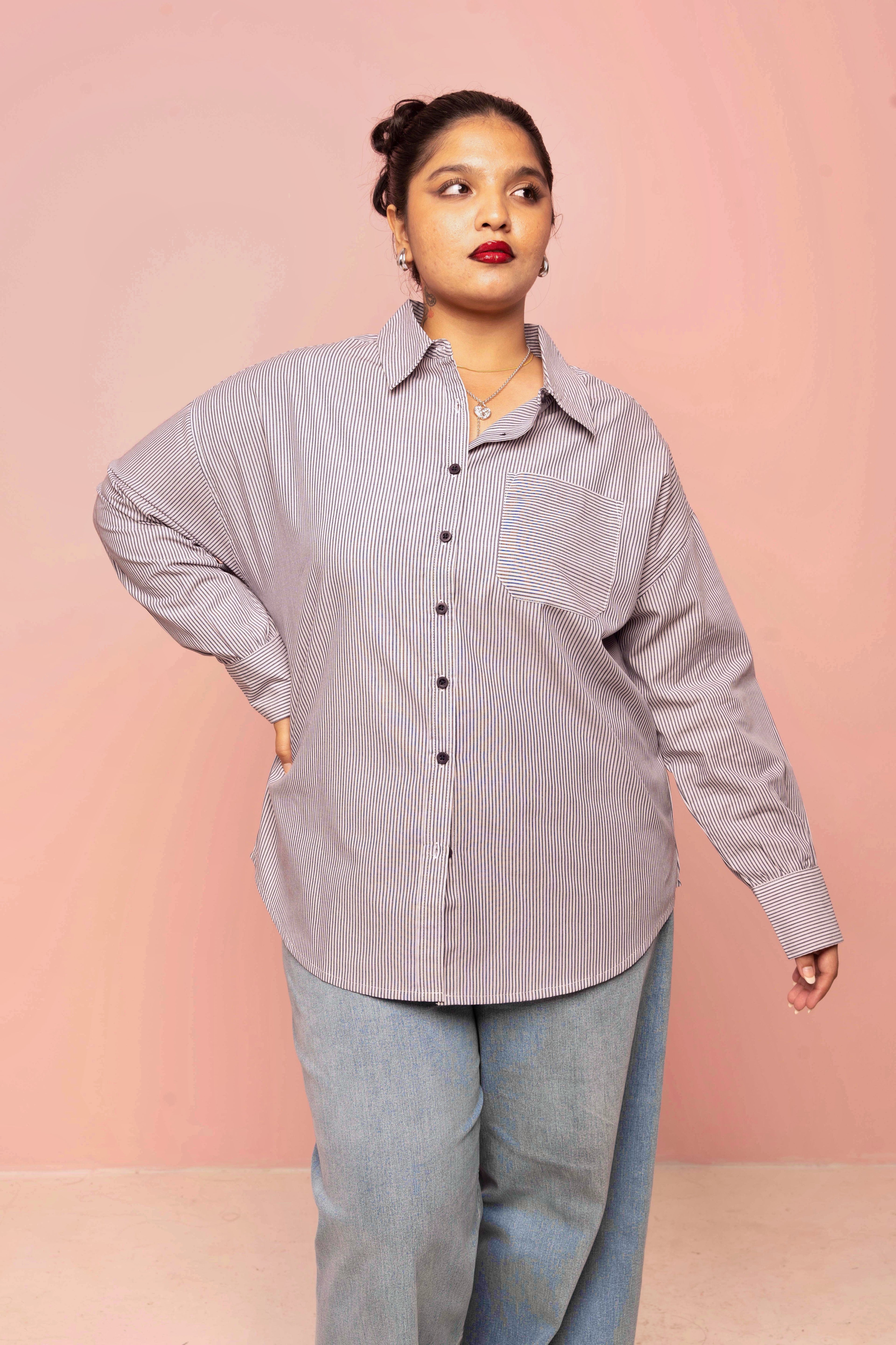 Oversized Shirt for Women - Navy and White Thin Stripe
