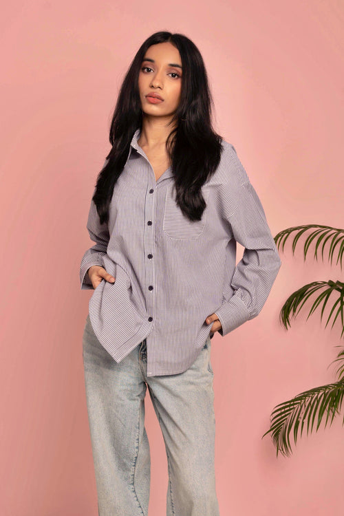 Oversized Shirt for Women - Navy and White Thin Stripe