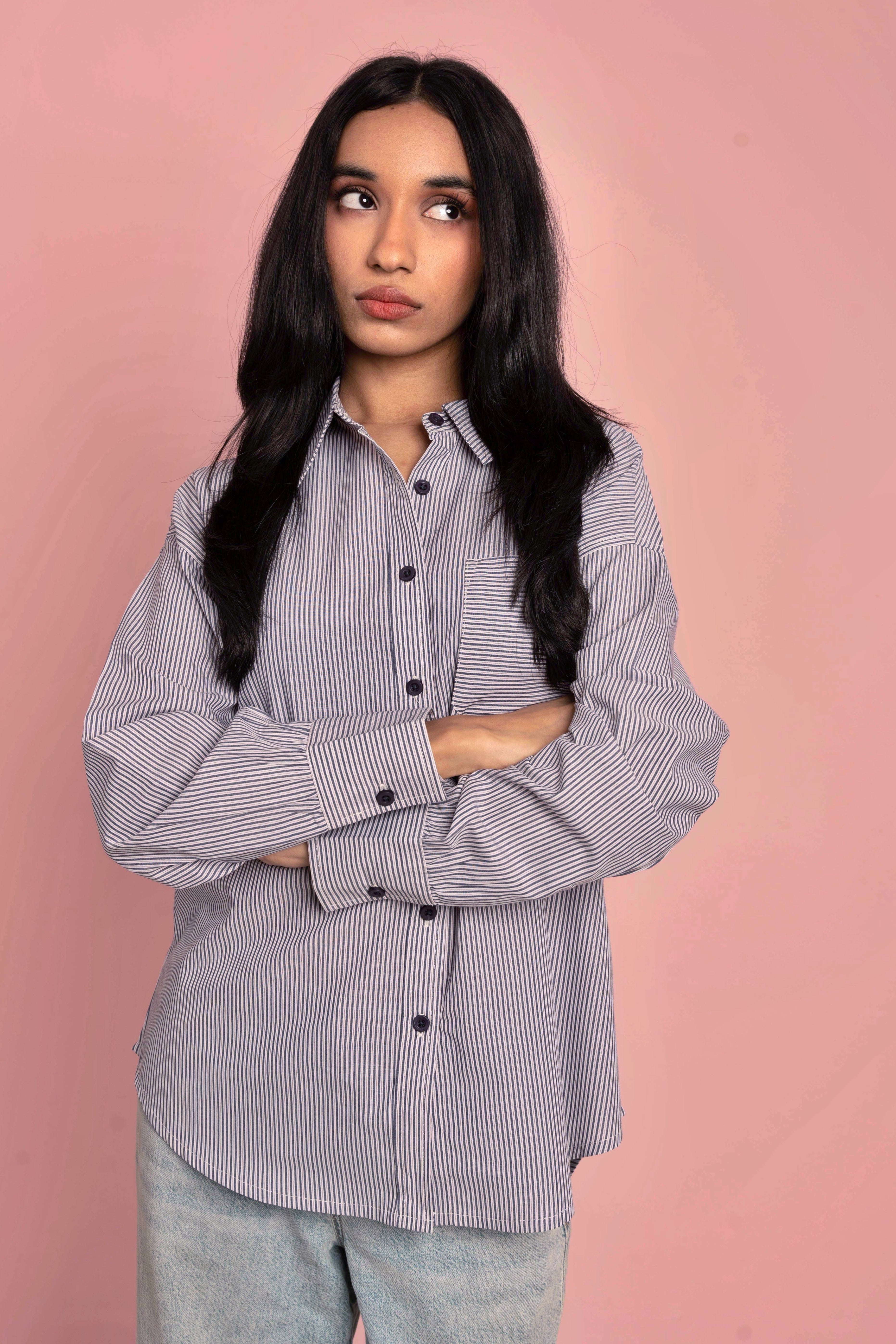 Oversized Shirt for Women - Navy and White Thin Stripe