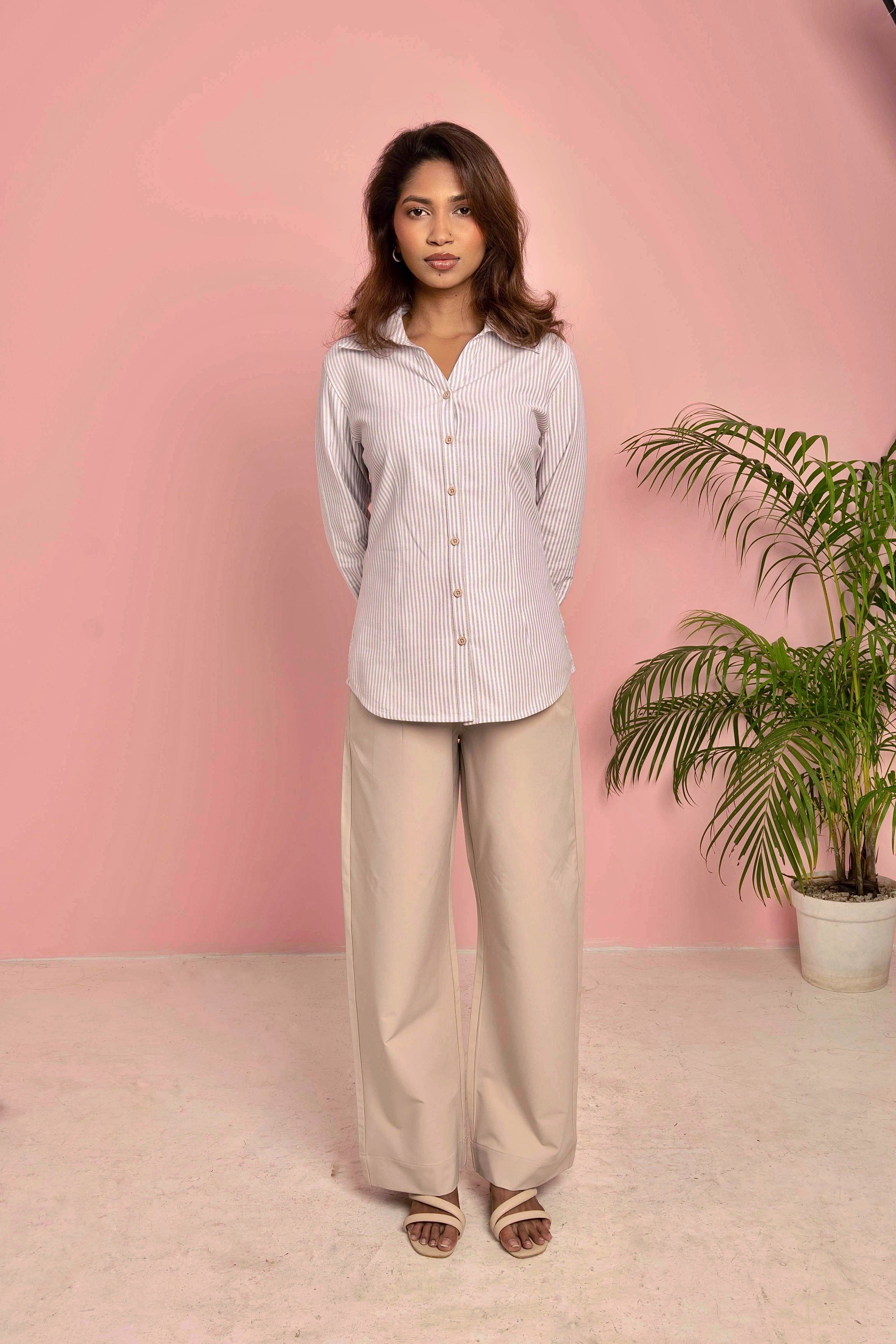 Fitted Shirt For Women -  Ivory and White Stripe
