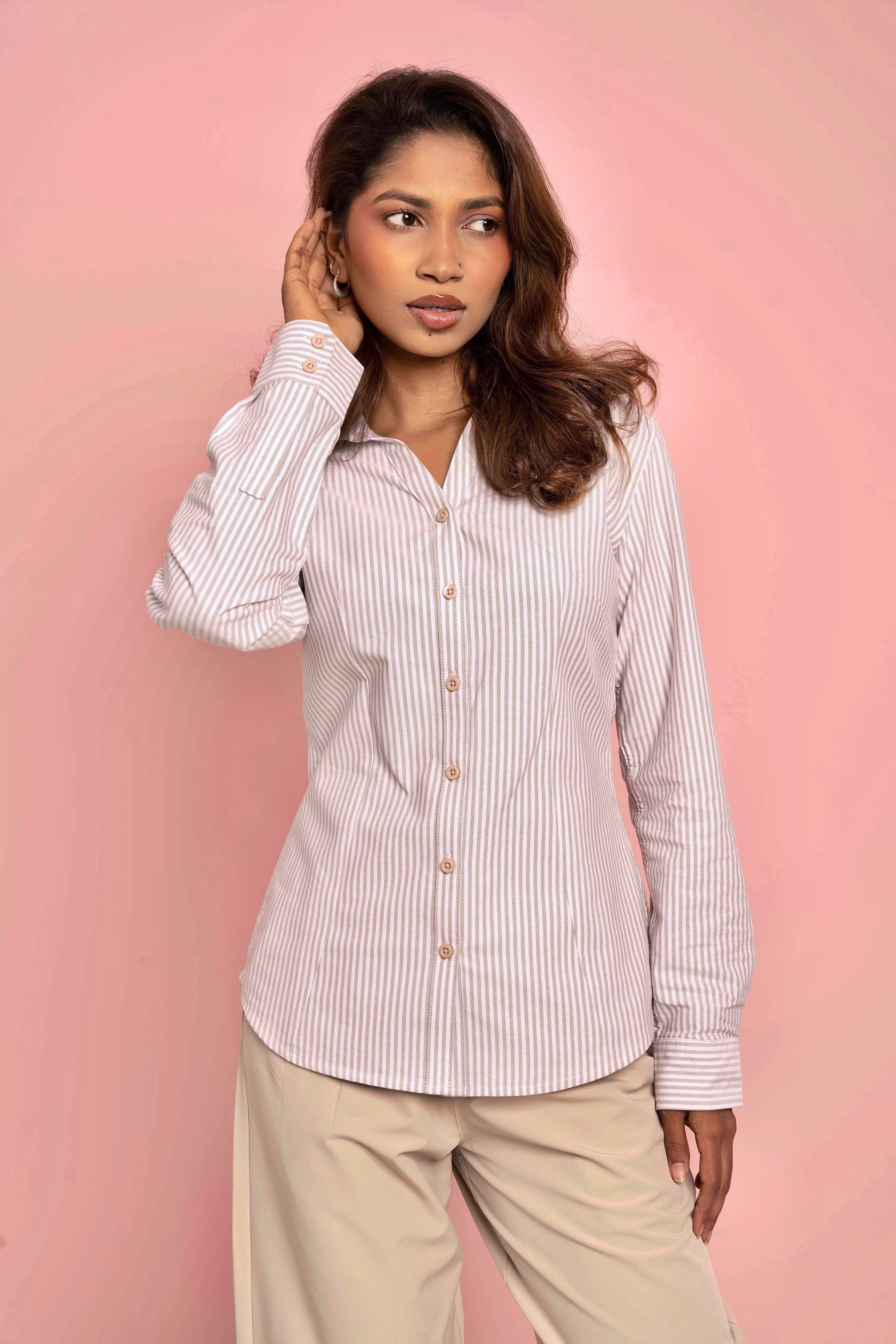 Fitted Shirt For Women -  Ivory and White Stripe