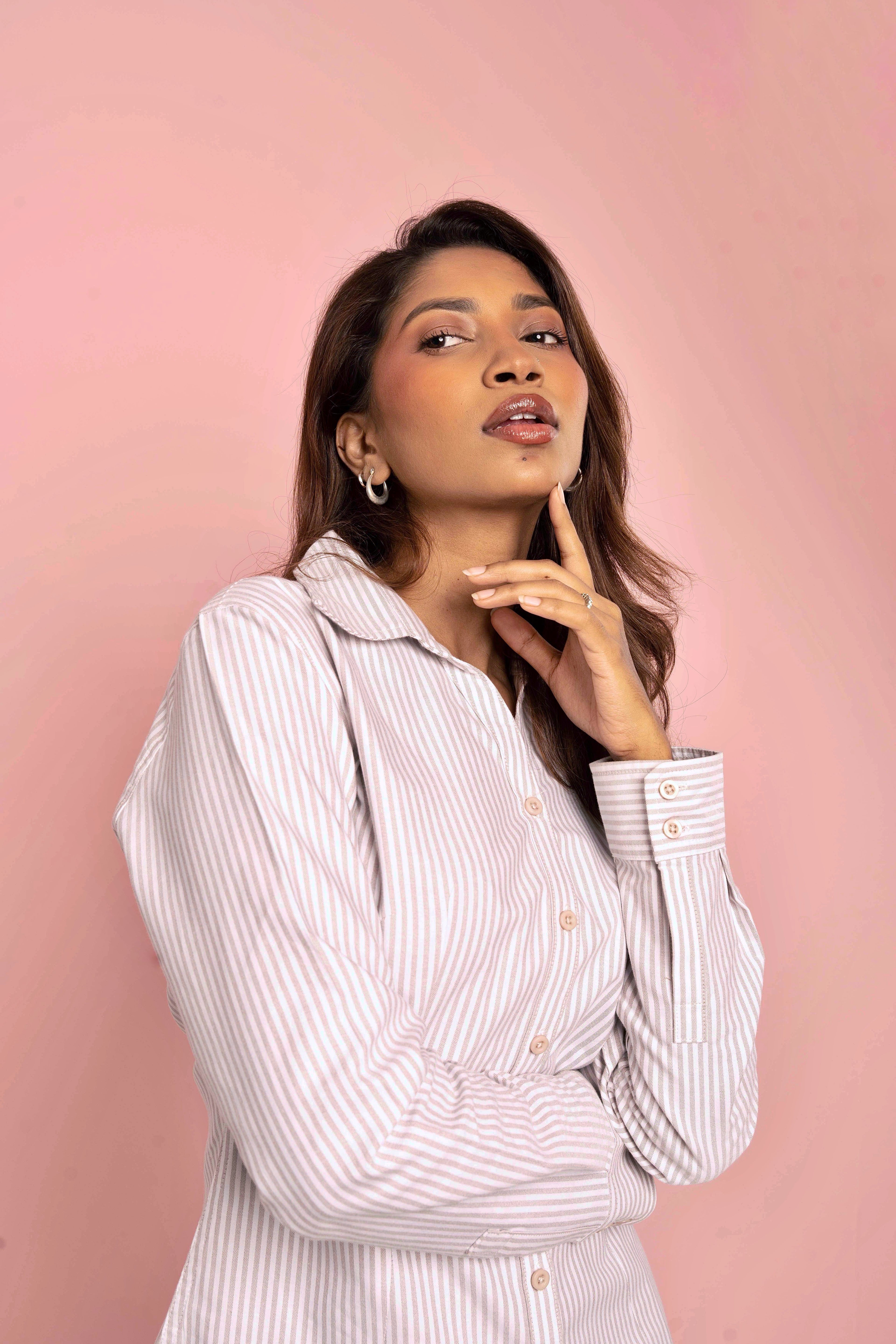 Fitted Shirt For Women -  Ivory and White Stripe