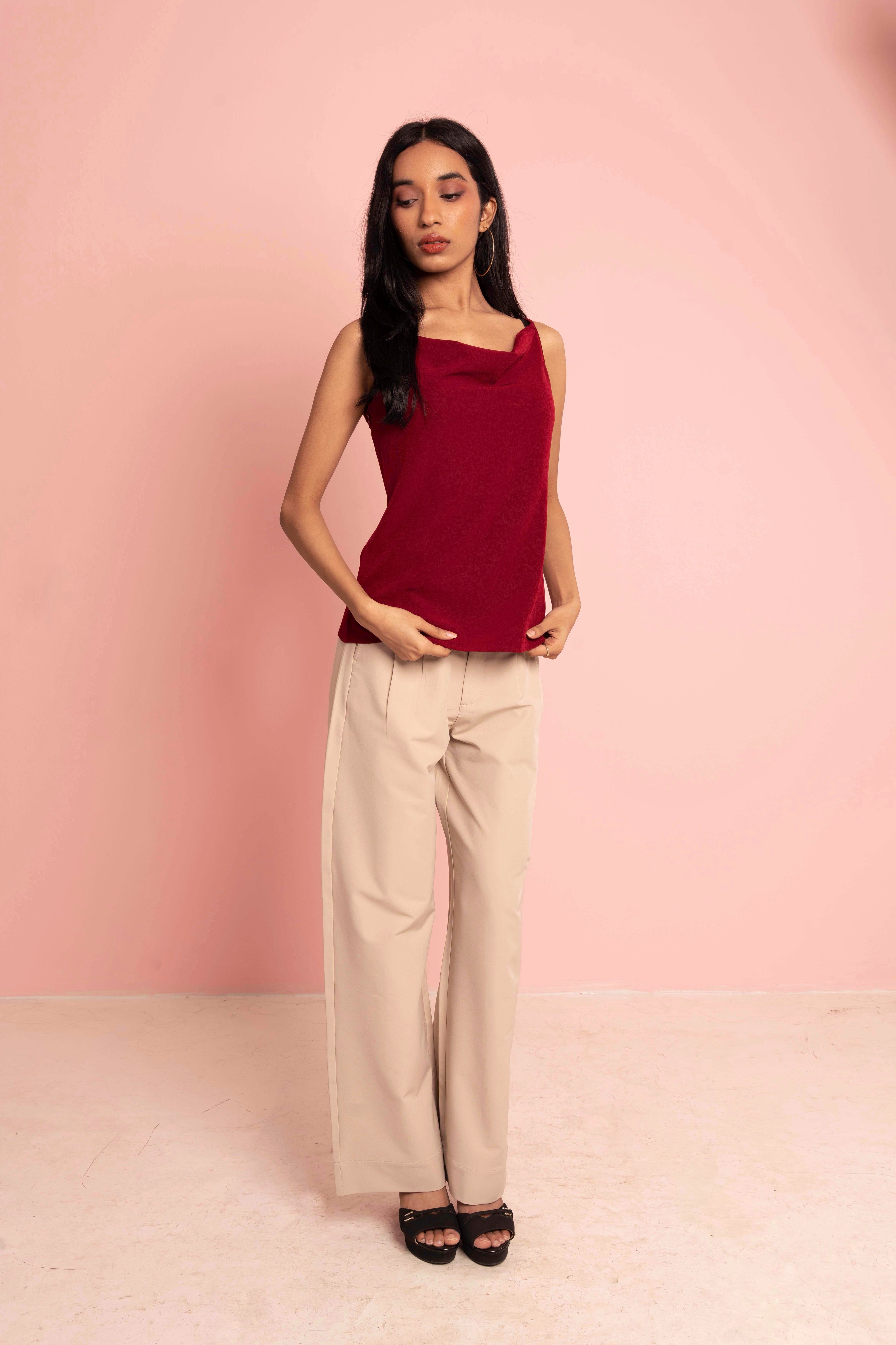 Thin strap Cowl Neck Top- Scarlet