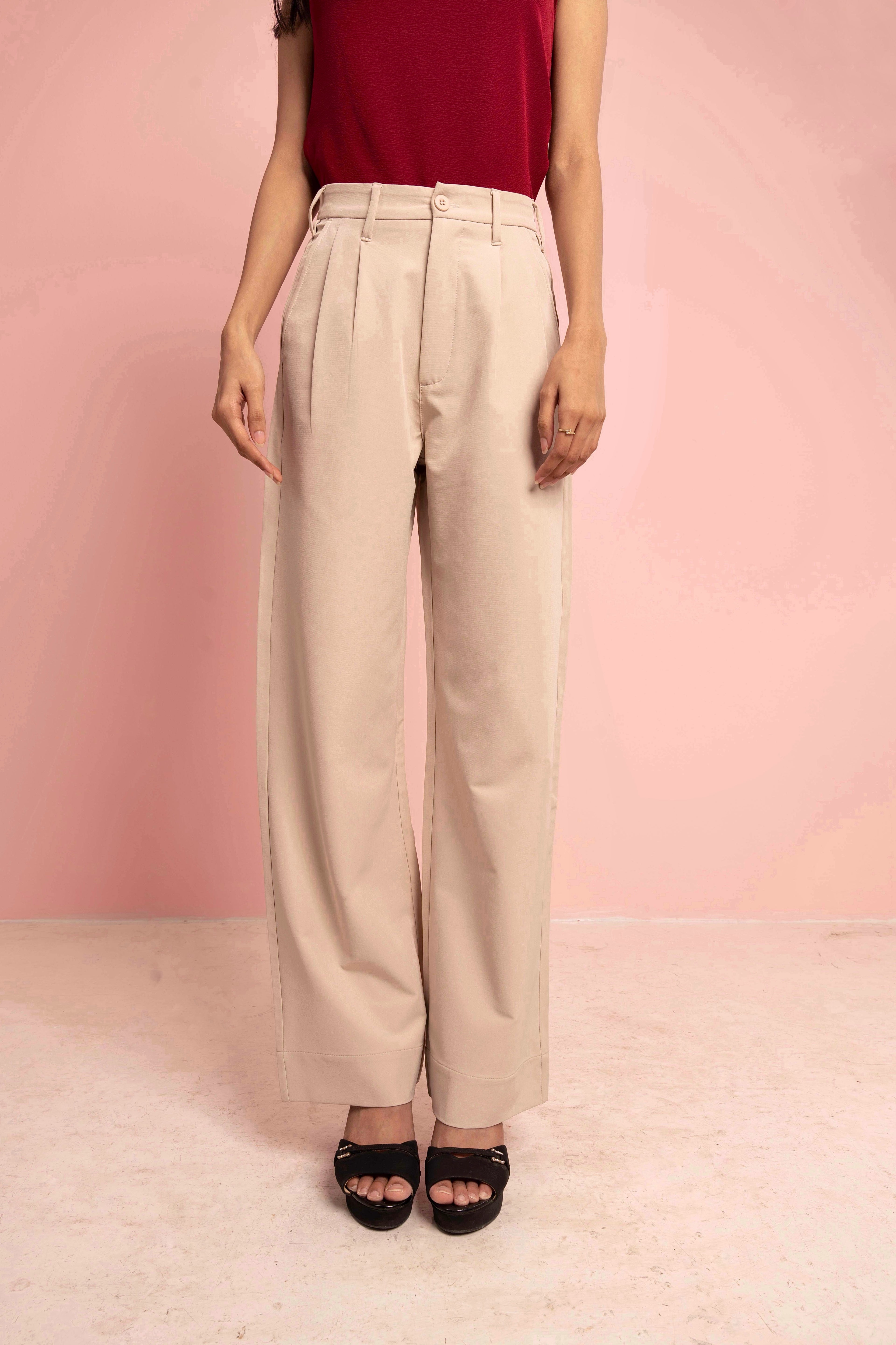 Wide Leg High Waist Pleated Pants for Women - Bisque