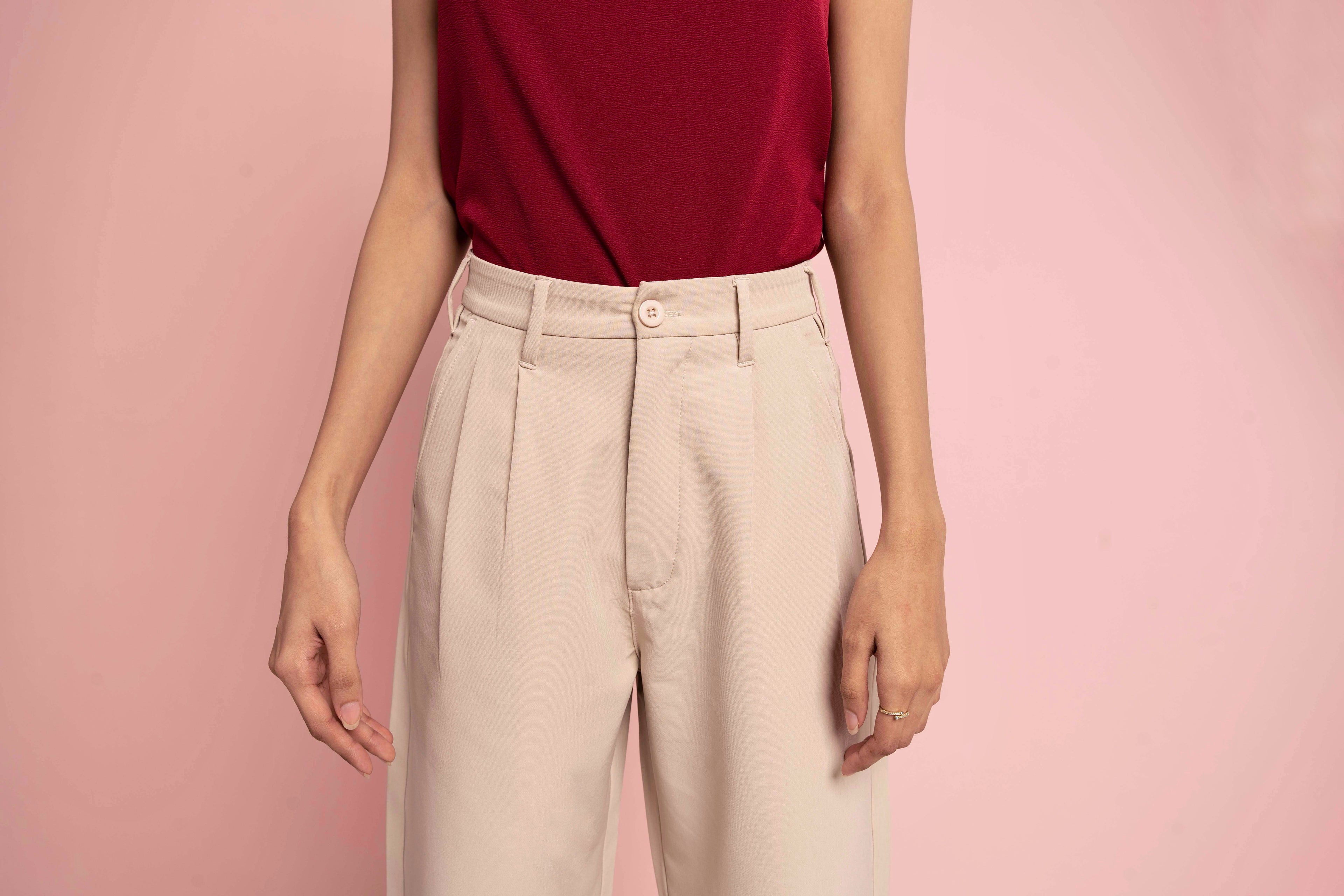 Wide Leg High Waist Pleated Pants for Women - Bisque