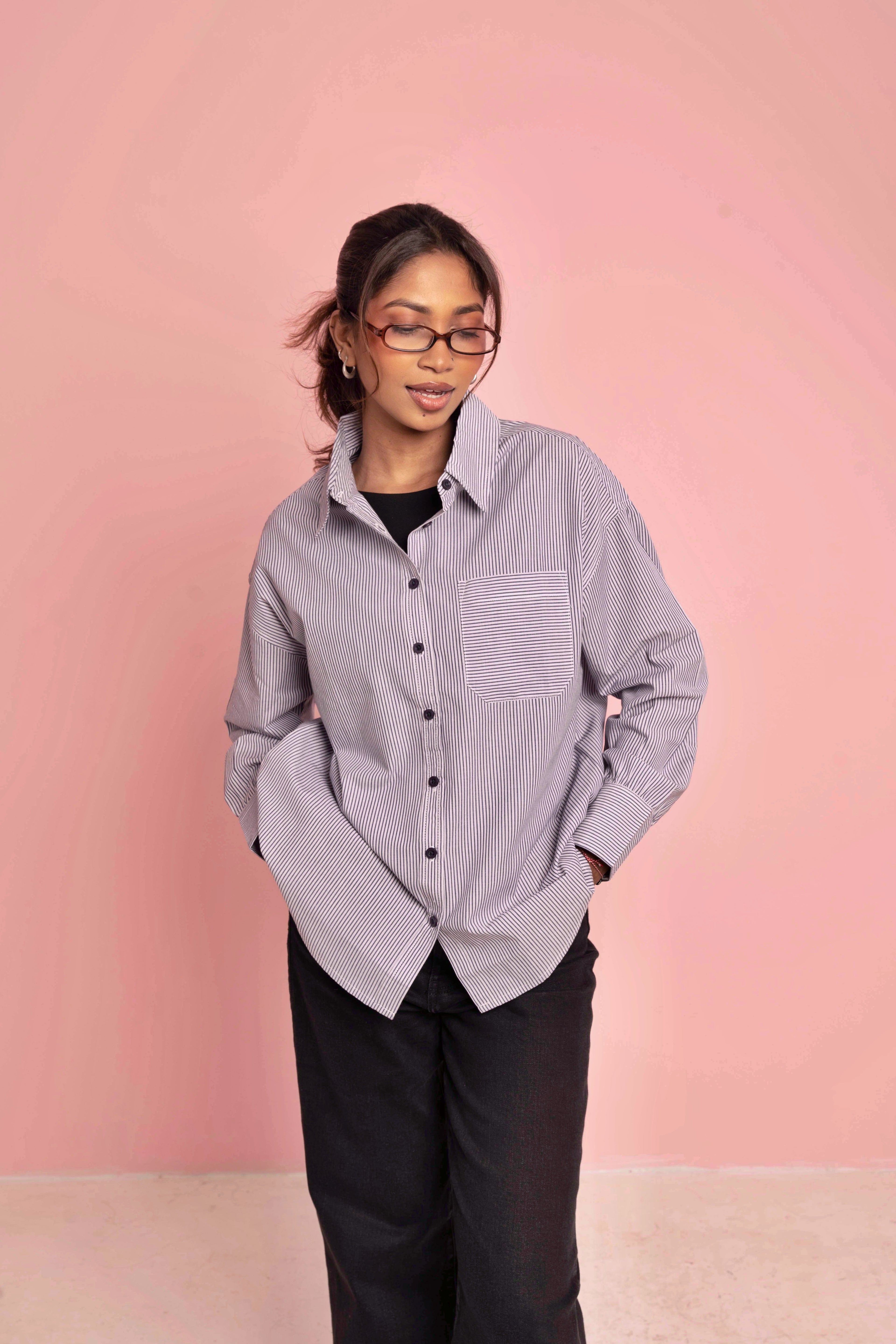 Oversized Shirt for Women - Navy and White Thin Stripe