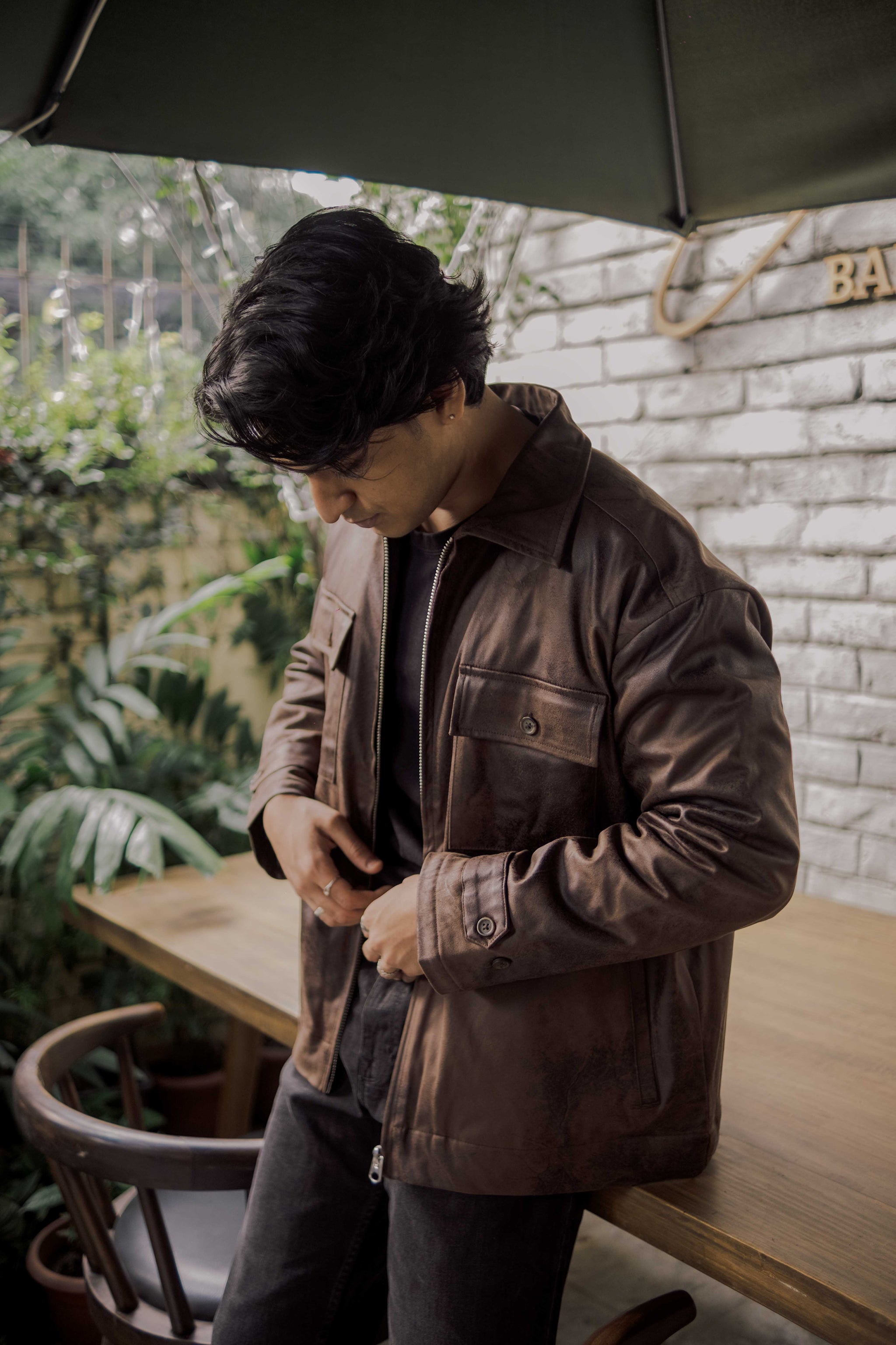 Faux Leather Jacket - Vintage Brown - For Men