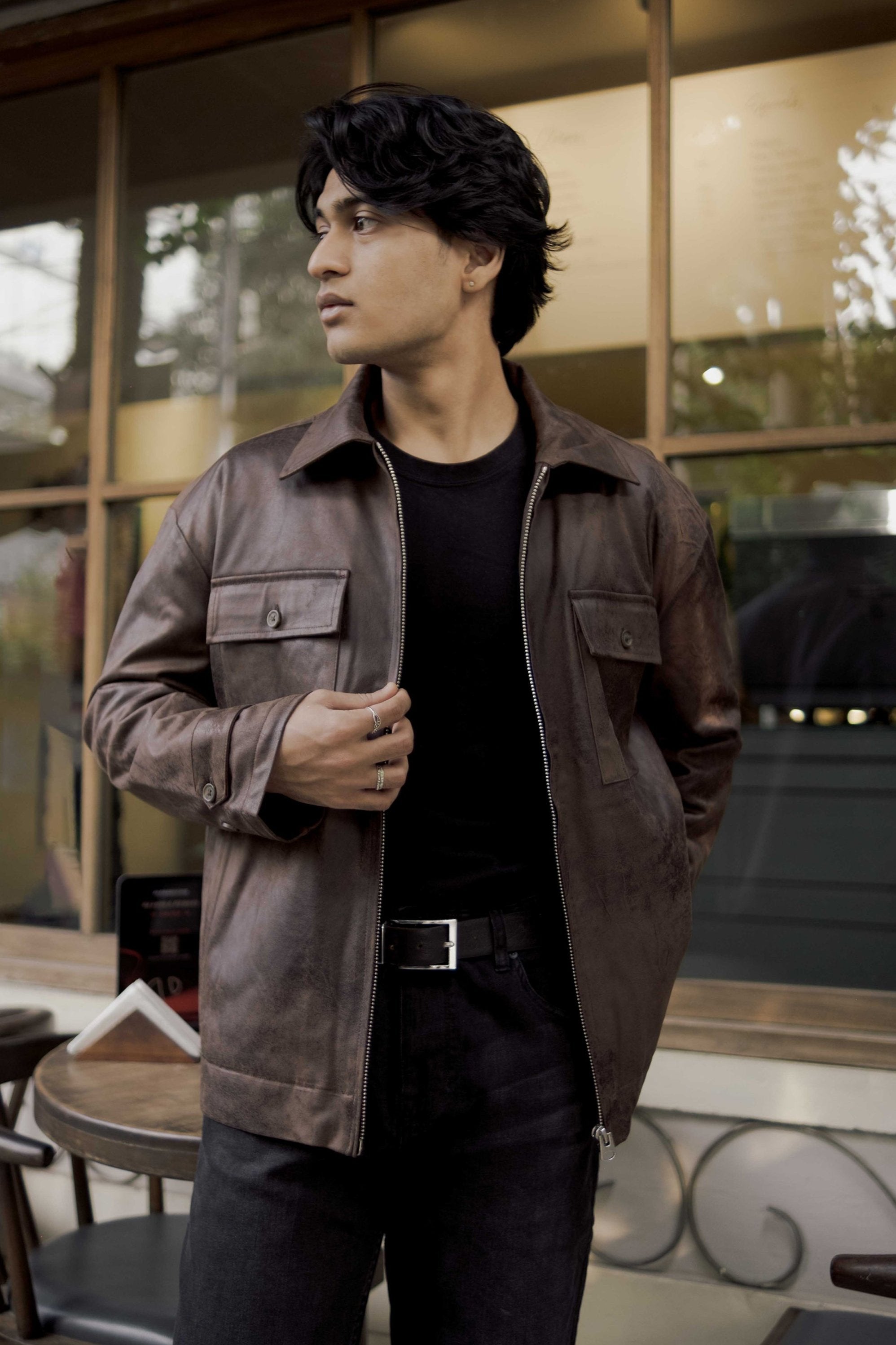 Faux Leather Jacket - Vintage Brown - For Men