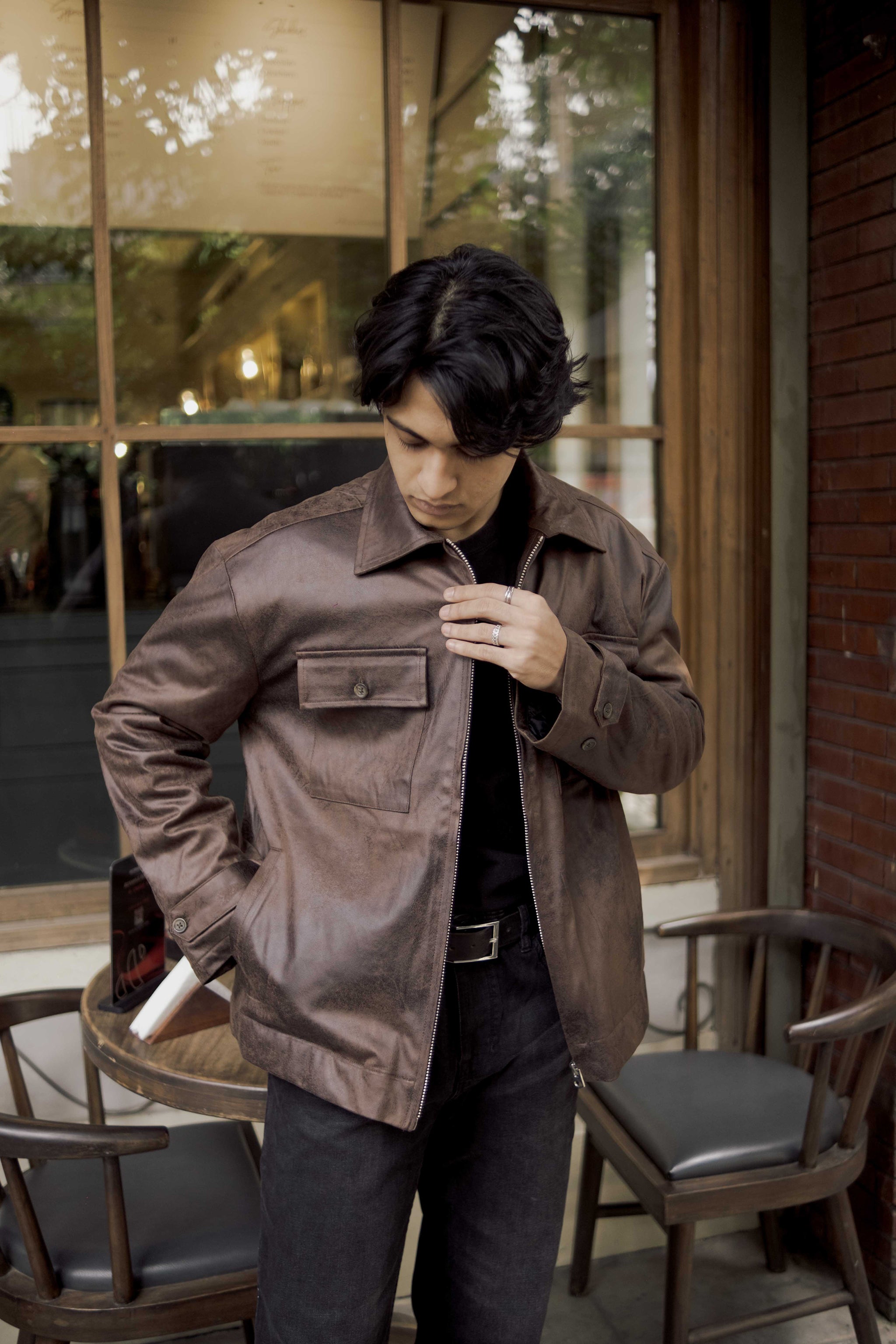 Faux Leather Jacket - Vintage Brown - For Men