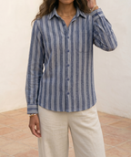 The European Collar - Linen - Long Sleeve Shirt - Navy White Stripe