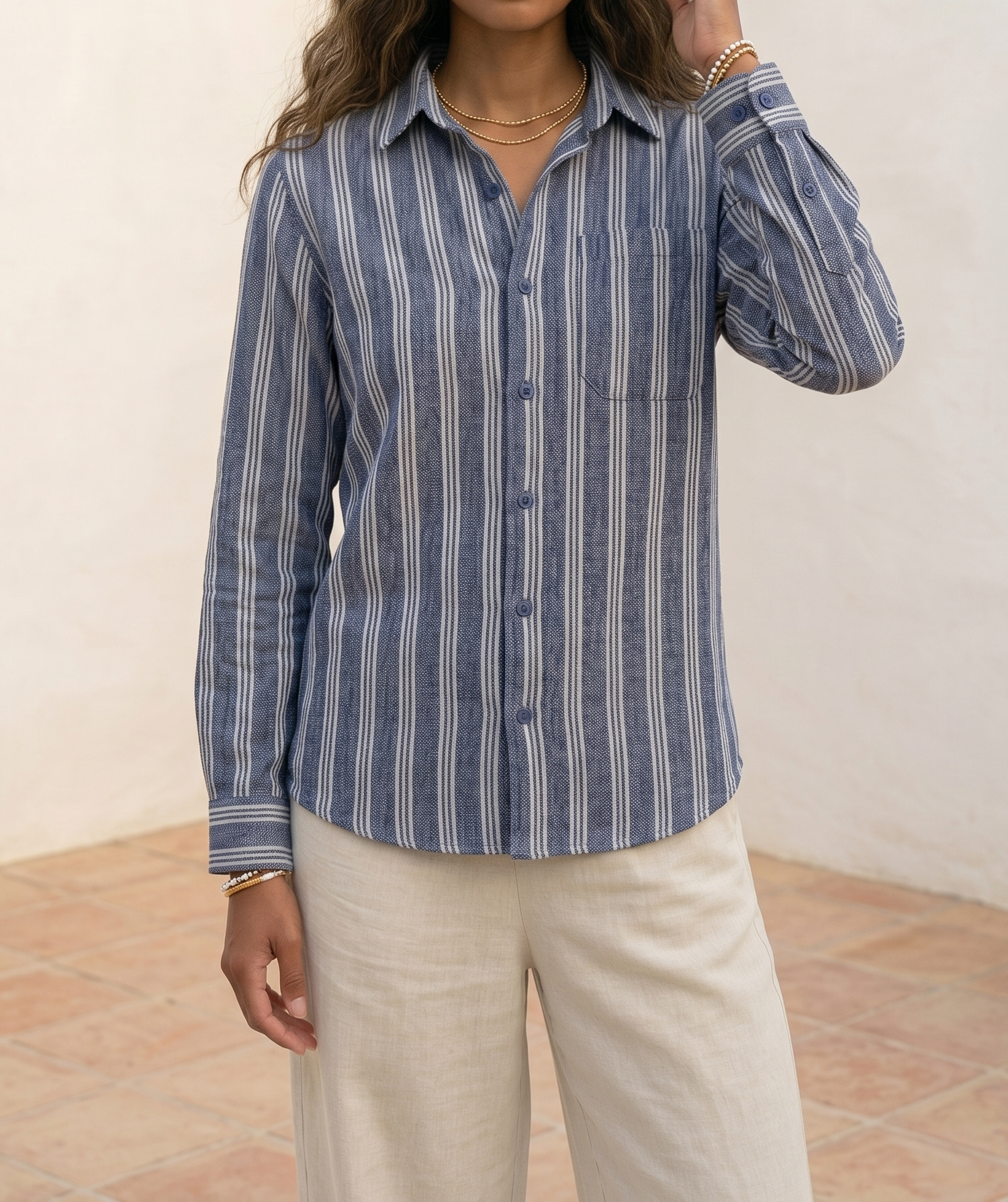 The European Collar - Linen - Long Sleeve Shirt - Navy White Stripe