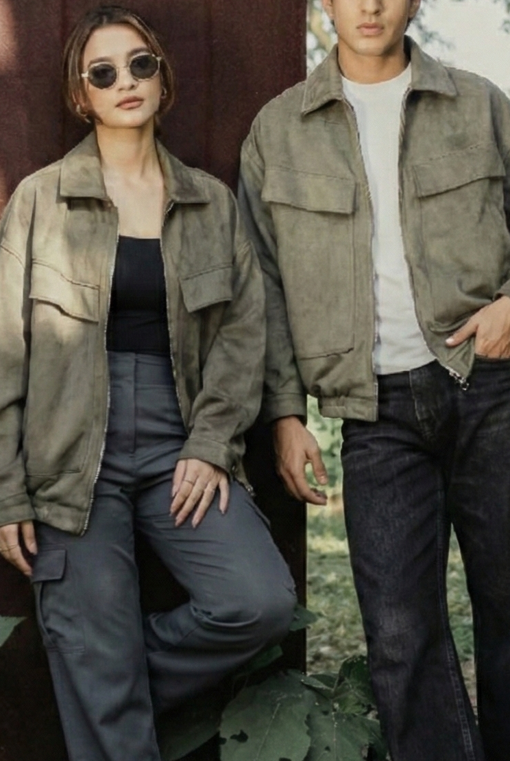 Suede Leather Oversized Jacket  - Olive Green - Unisex