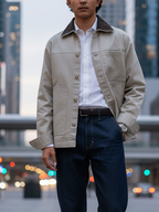 Lightweight Chore Utility Shirt - Beige Body with Dark Brown Contrast Collar