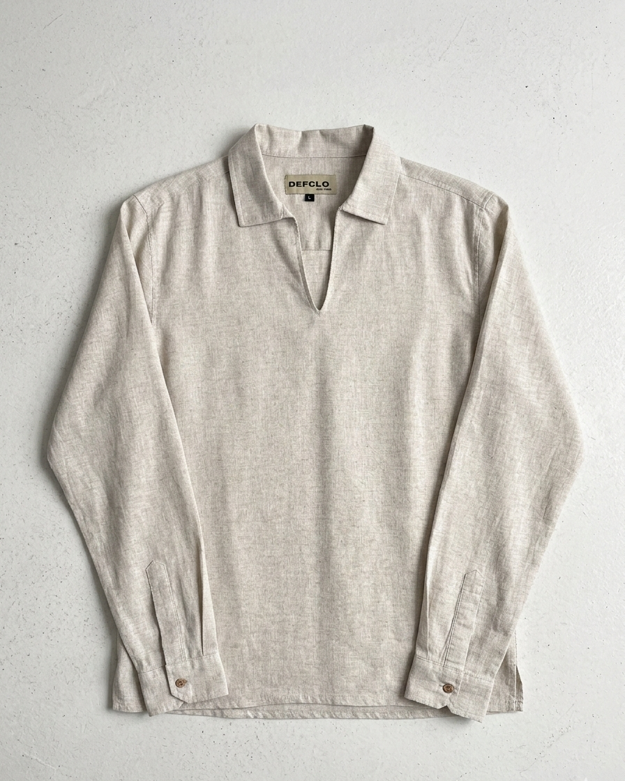 The Amalfi Shirt - Linen Effect V-Placket For Men  - Sand