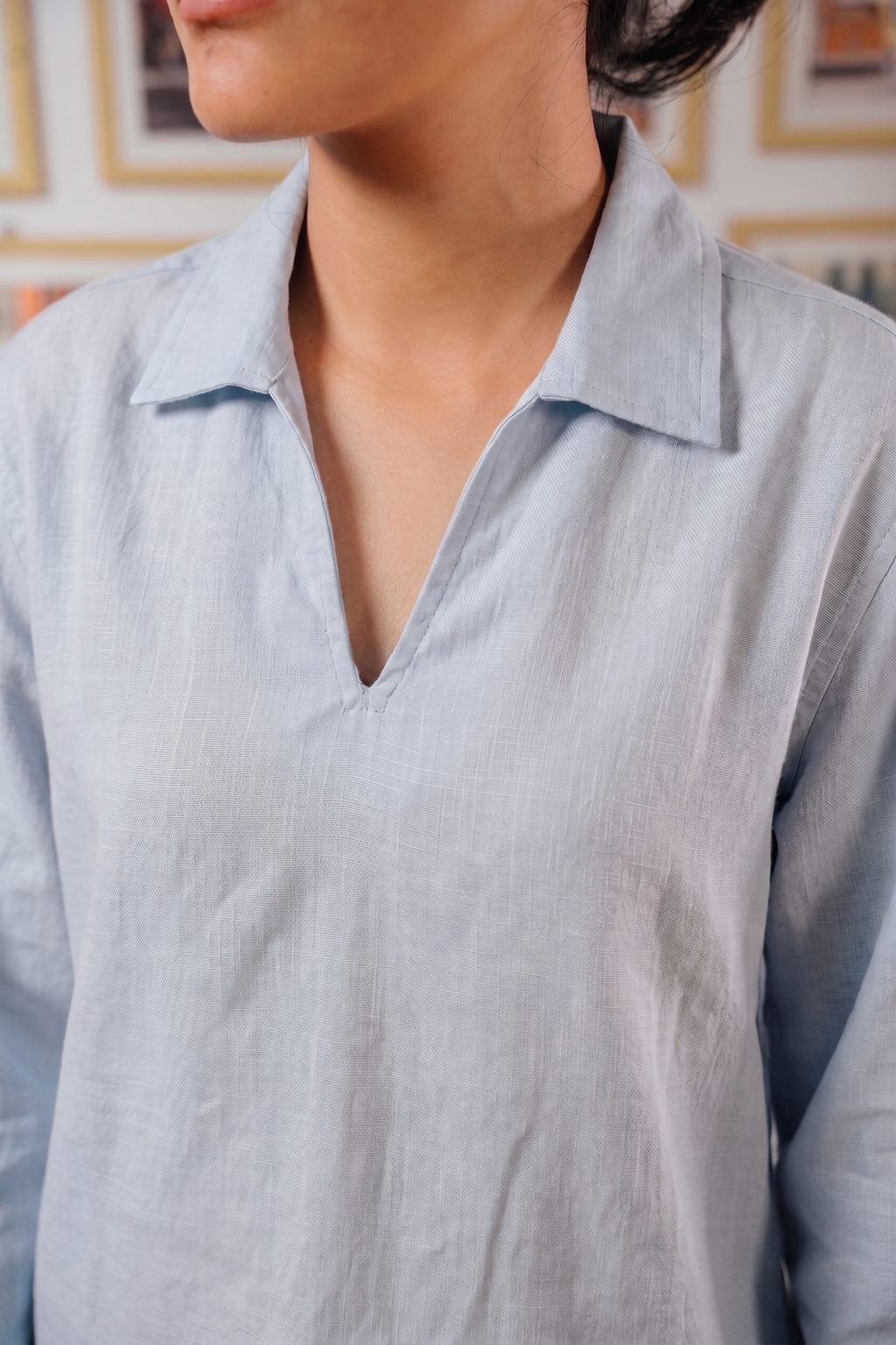 The Amalfi Shirt - Linen Effect V-Placket - Sky Blue - Unisex