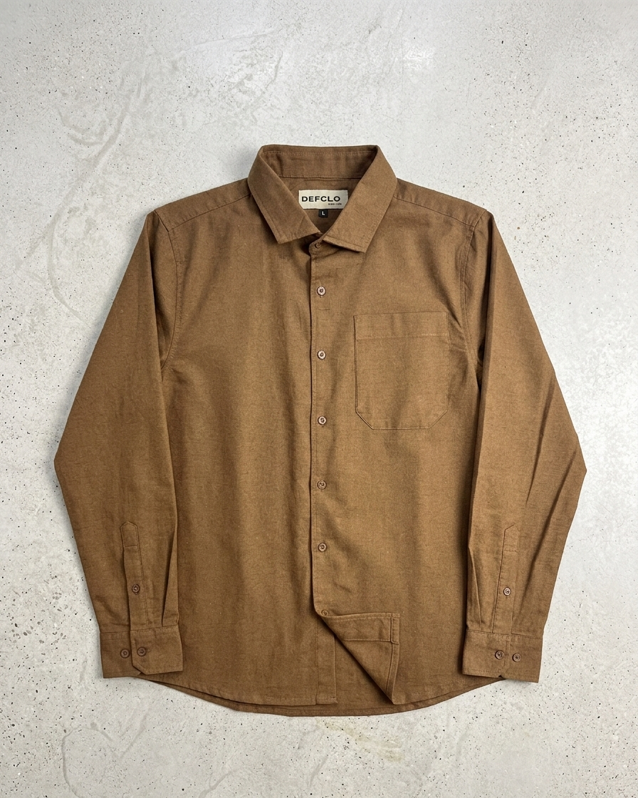 The European Collar - Linen Effect - Long Sleeve Shirt For Men - Warm Brown