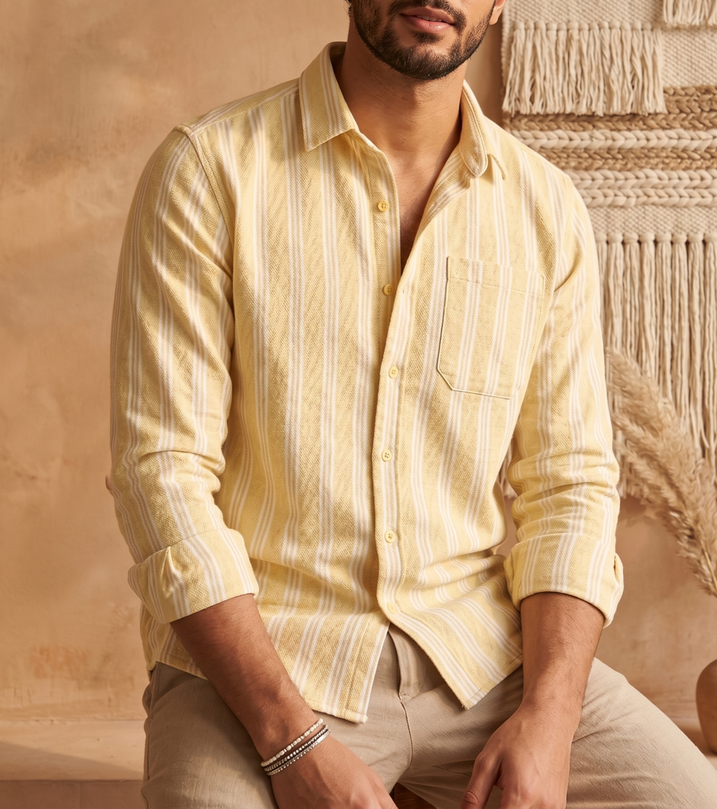 The European Collar - Linen - Long Sleeve Shirt - Yellow White Stripe