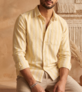 The European Collar - Linen - Long Sleeve Shirt - Yellow White Stripe