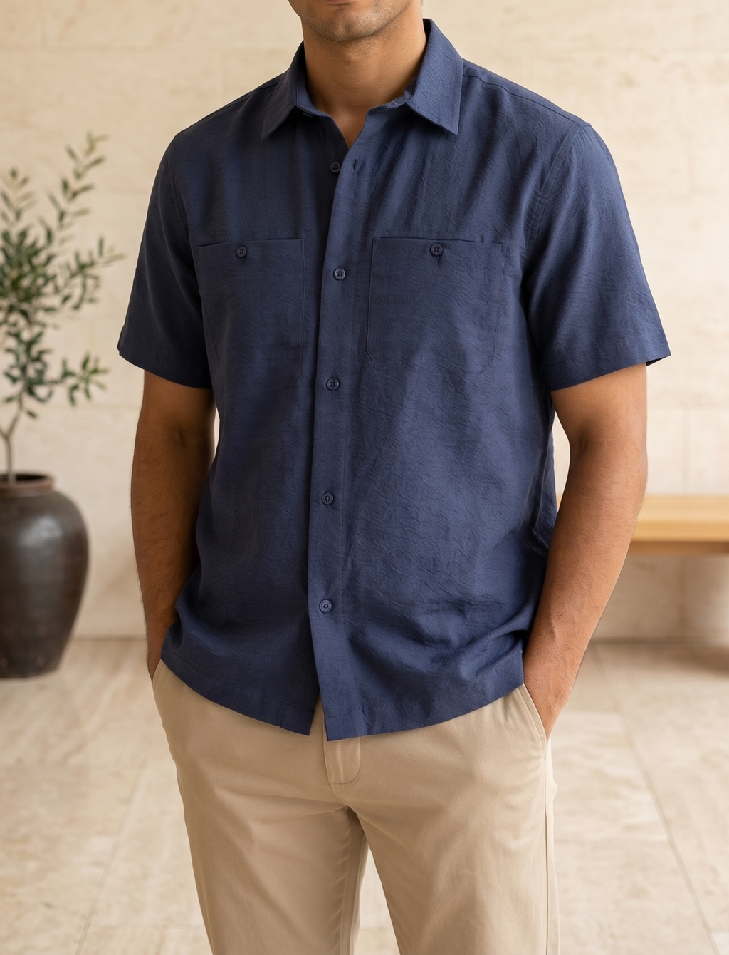 Short-Sleeve Boxy Shirt with Seamless Pockets - Navy