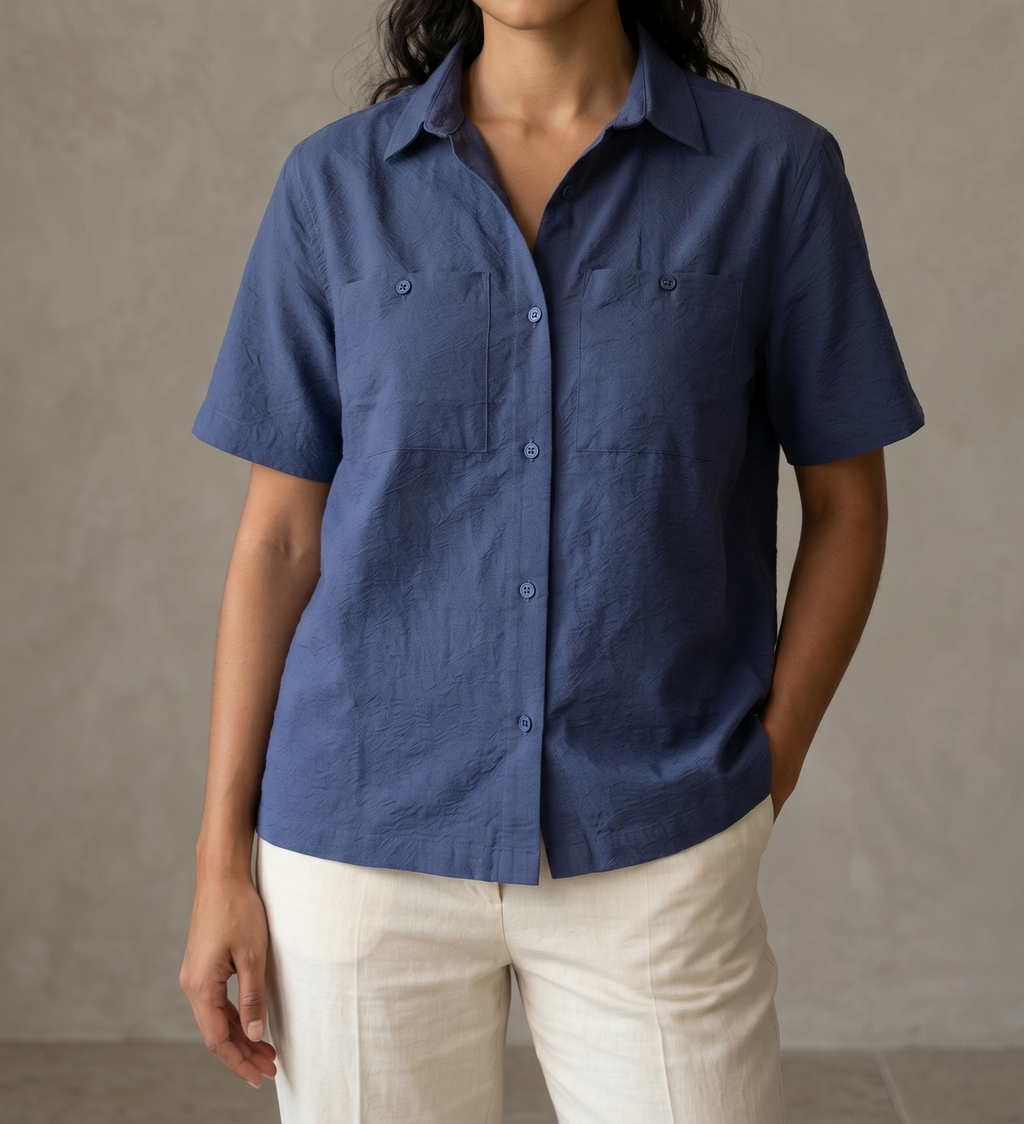 Short-Sleeve Boxy Shirt with Seamless Pockets - Navy