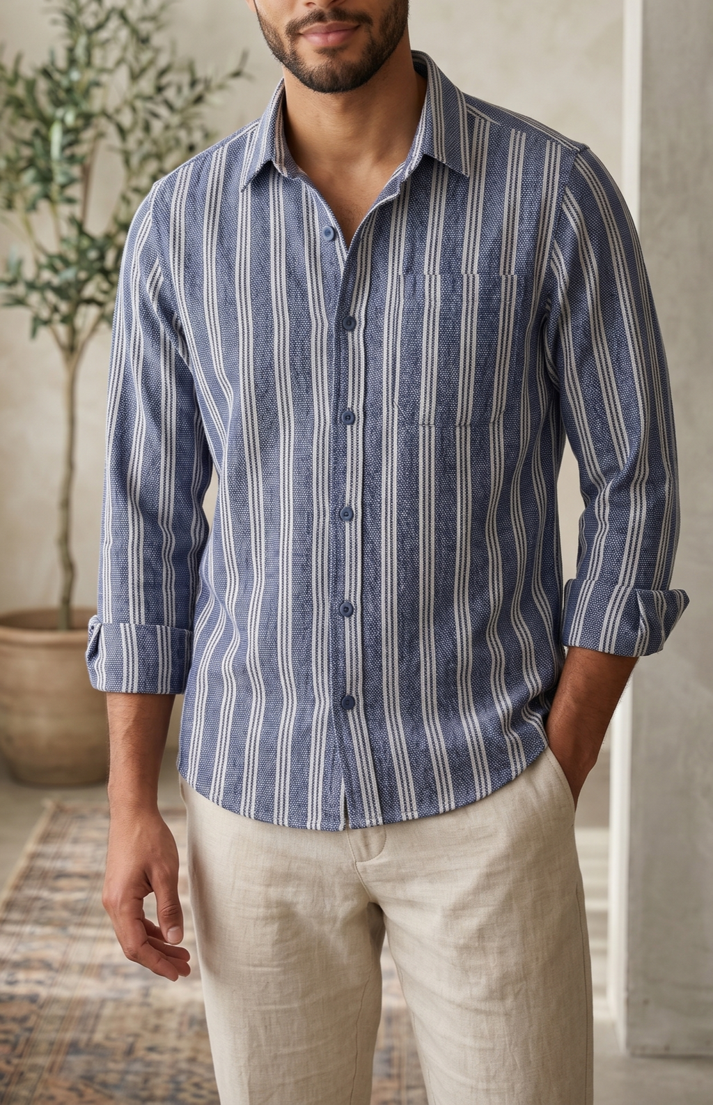 The European Collar - Linen - Long Sleeve Shirt - Navy White Stripe