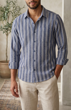 The European Collar - Linen - Long Sleeve Shirt - Navy White Stripe