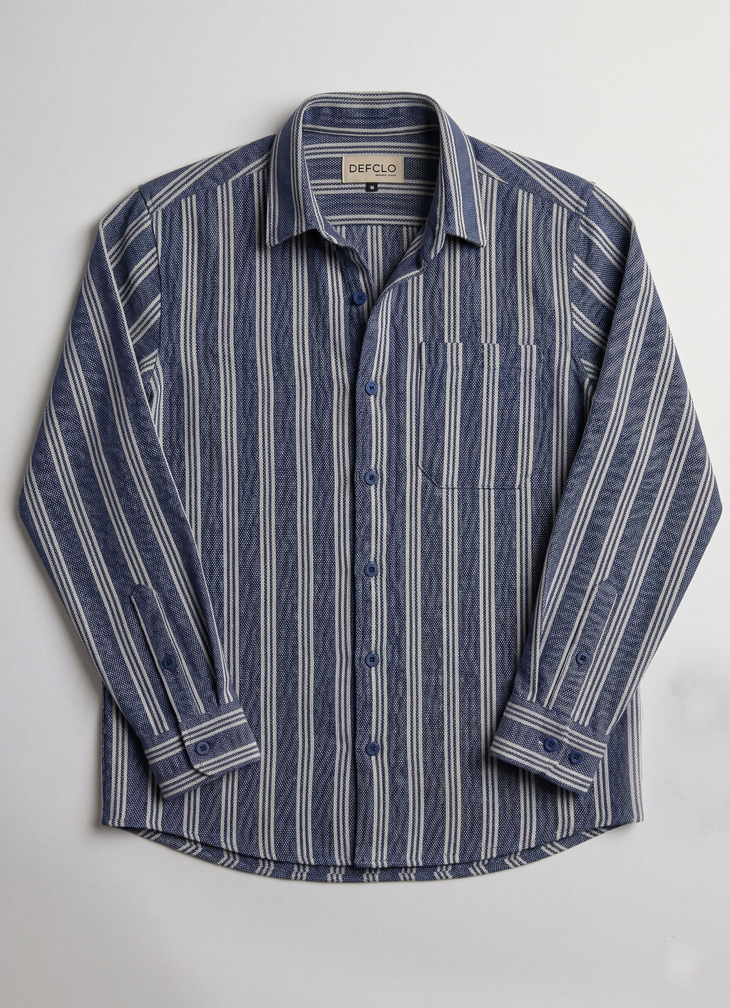 The European Collar - Linen - Long Sleeve Shirt - Navy White Stripe