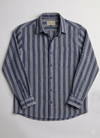 The European Collar - Linen - Long Sleeve Shirt - Navy White Stripe