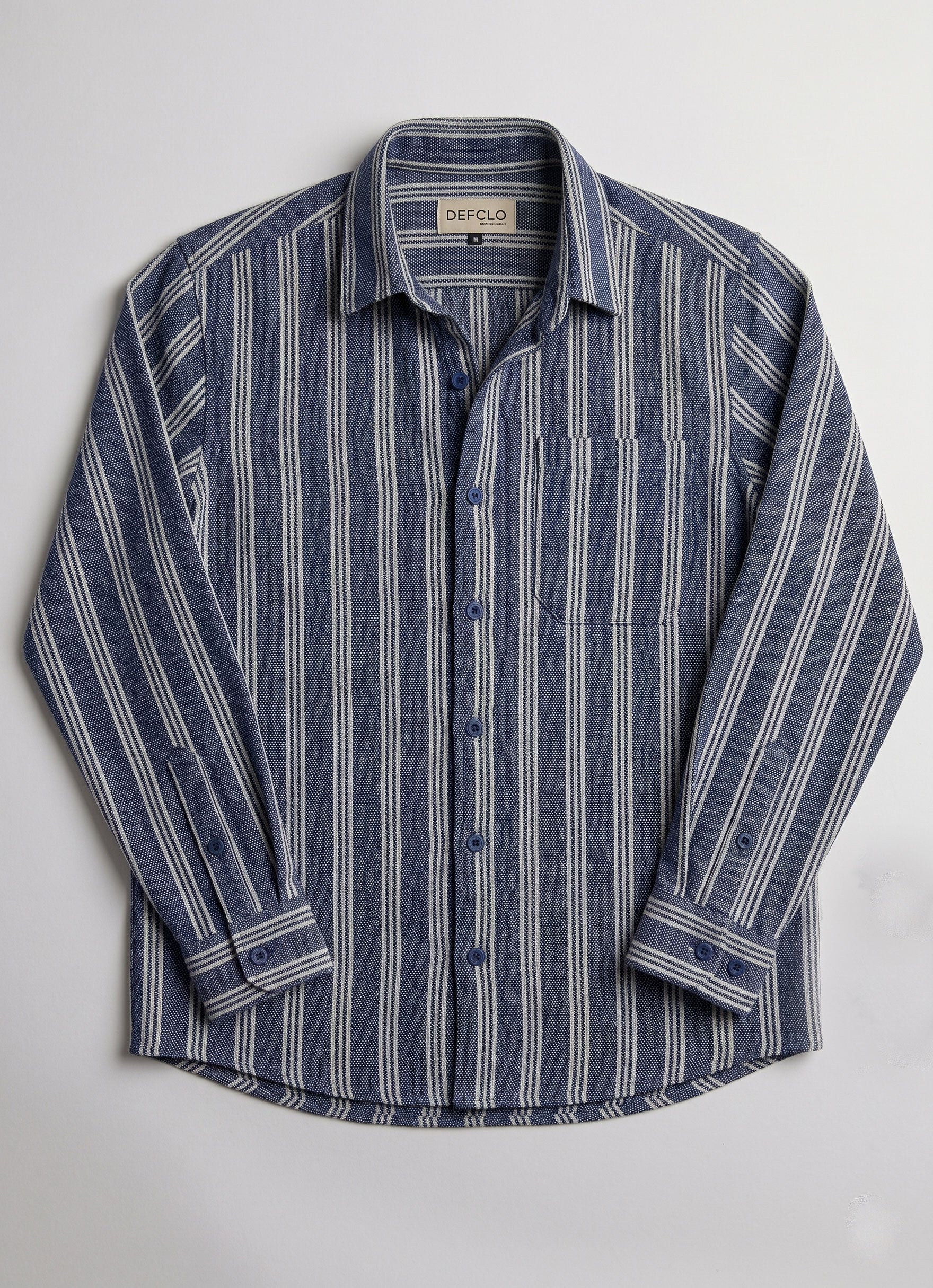 The European Collar - Linen - Long Sleeve Shirt - Navy White Stripe