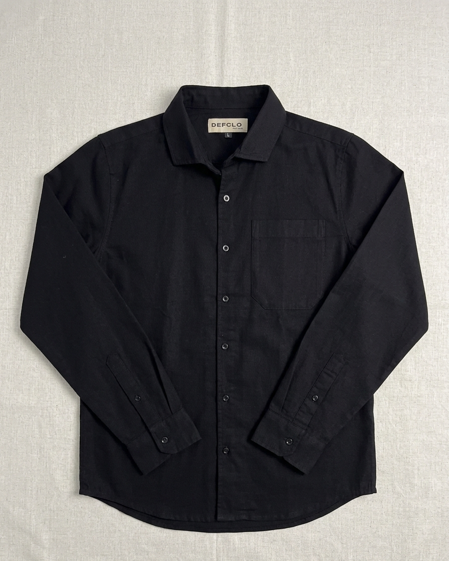 The European Collar - Linen Effect -  Long Sleeve Shirt For Men - Black