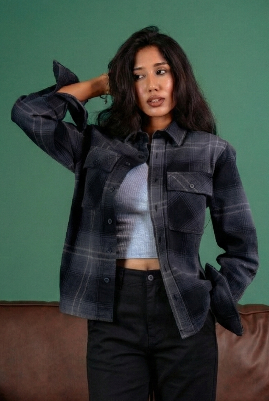 Shacket Flannel Overshirt - Dark Grey Plaid - Dual Pocket - Unisex