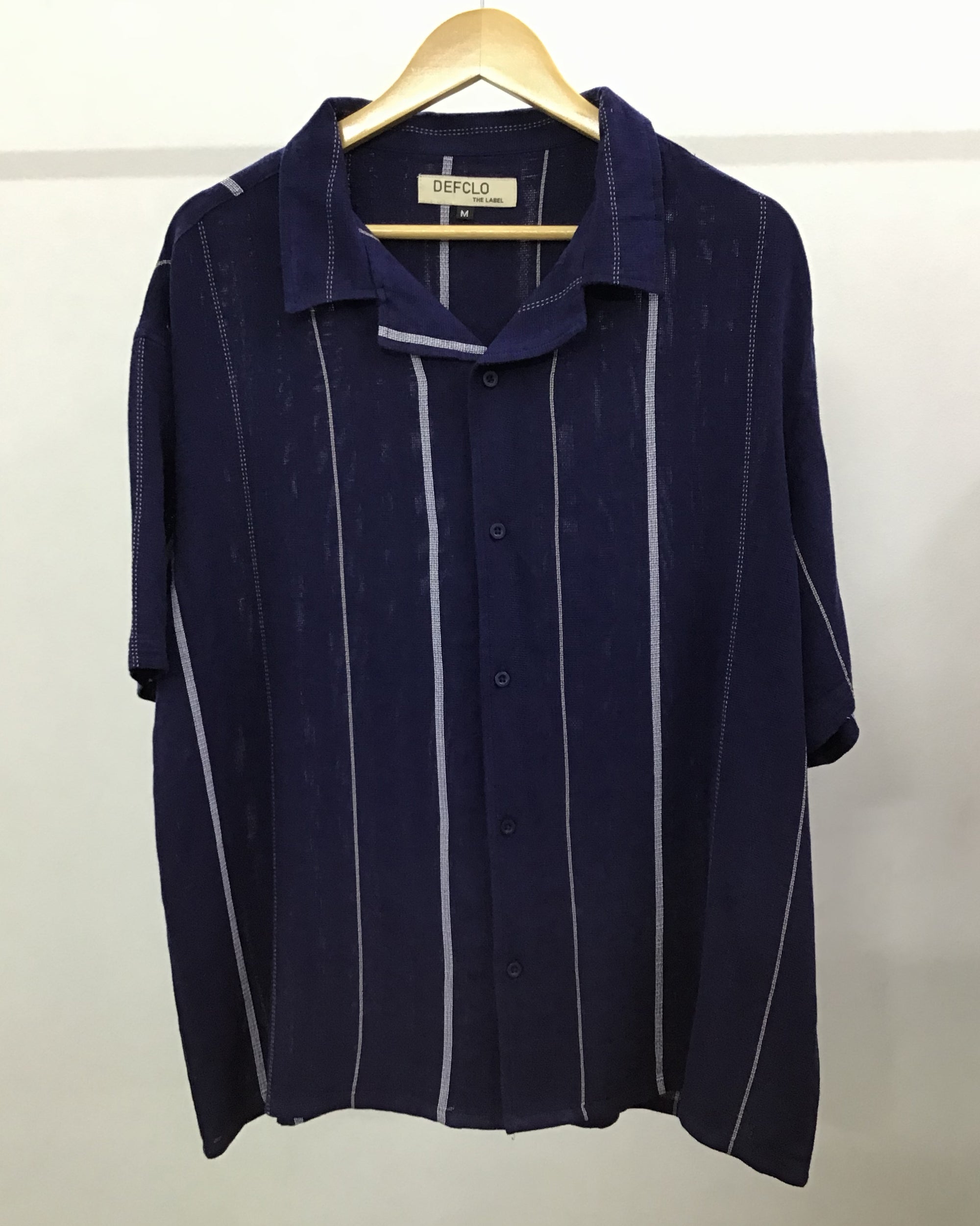 Revere Cuba - Navy Blue and White Stripe Textured Cuba - Revere Shirt For Men