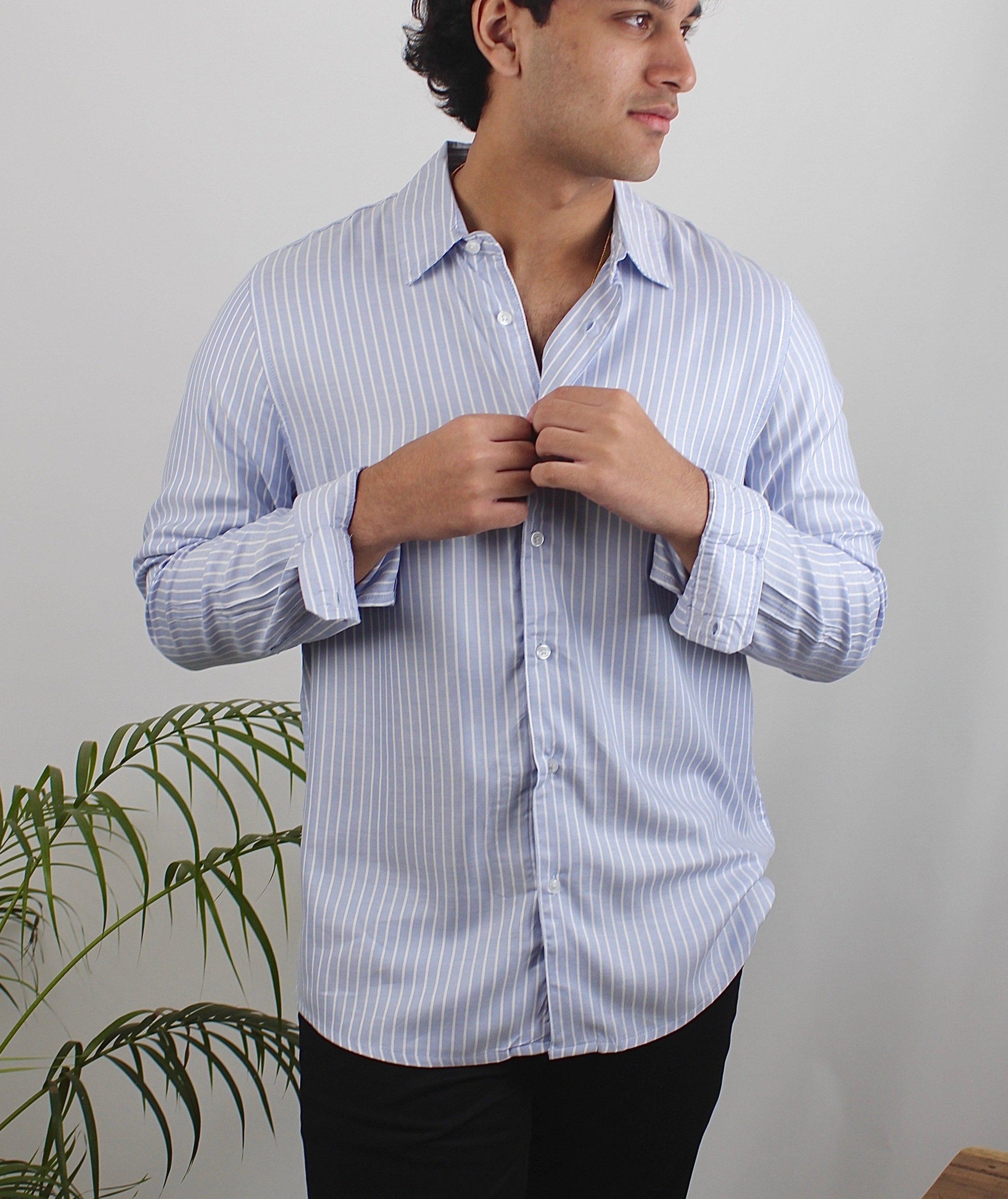Light Blue Stripe Long Sleeve Shirt For Men