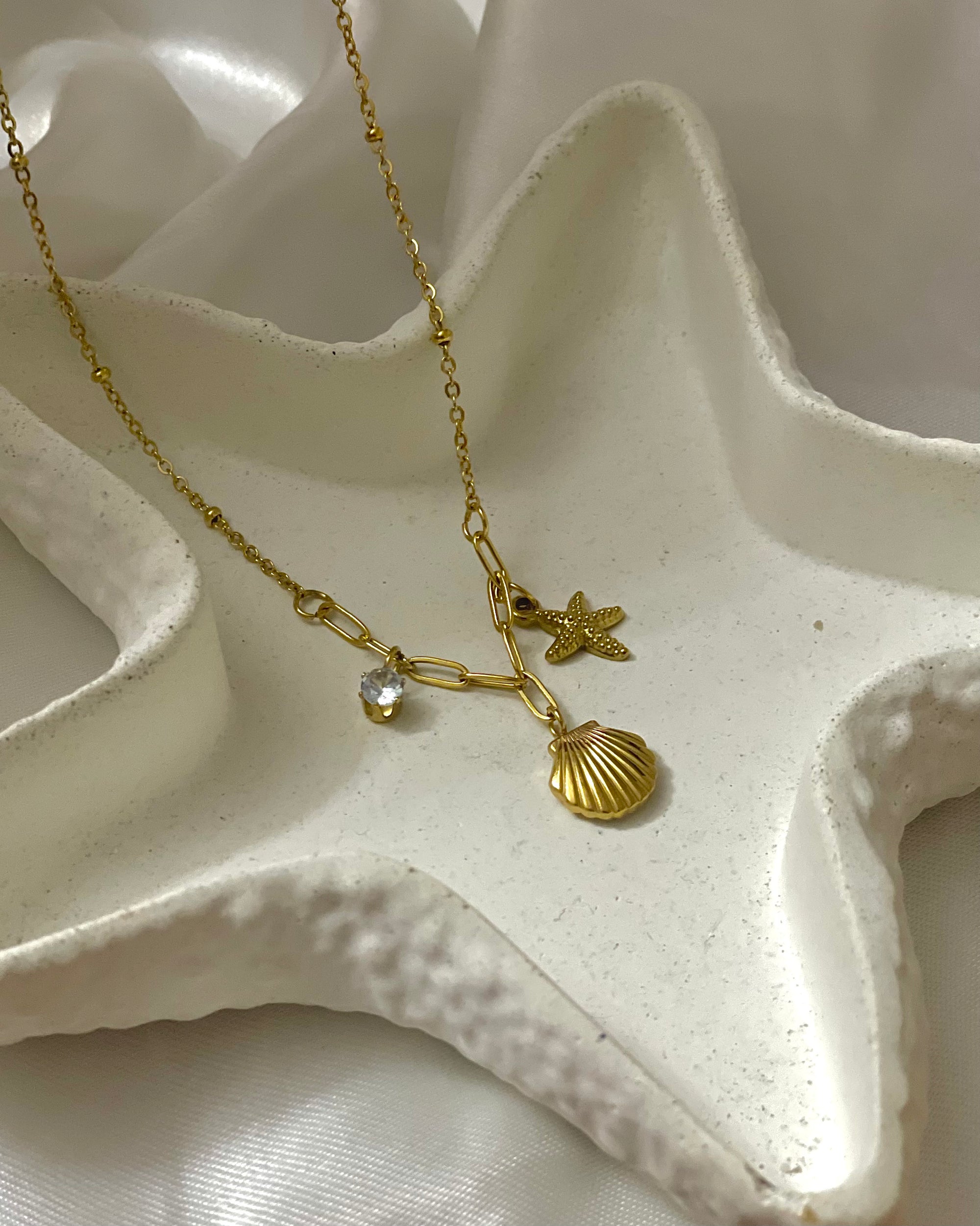 Dangling Shell, Zircon & Starfish Necklace