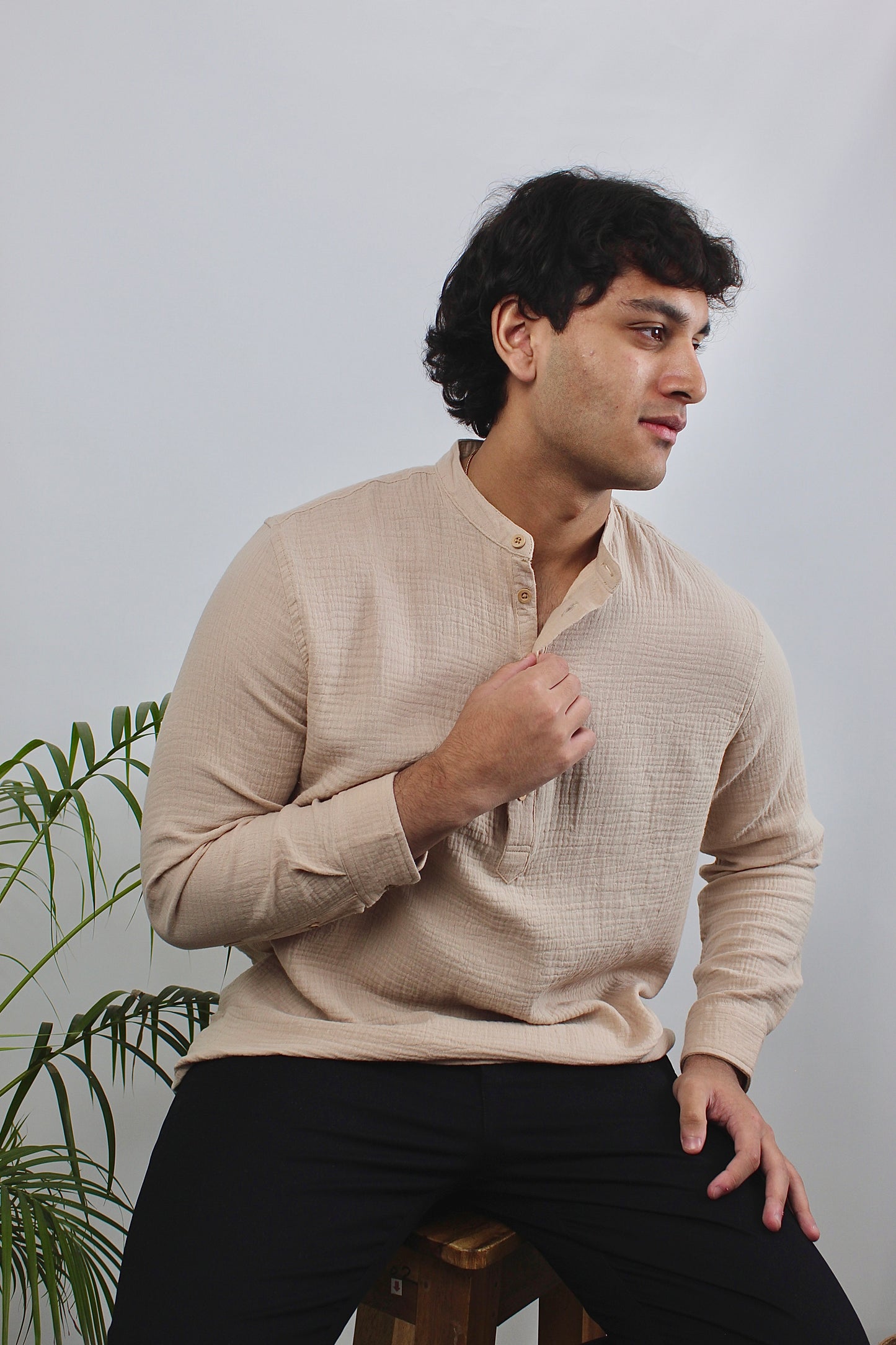 Waffle Henley for Men - Beige