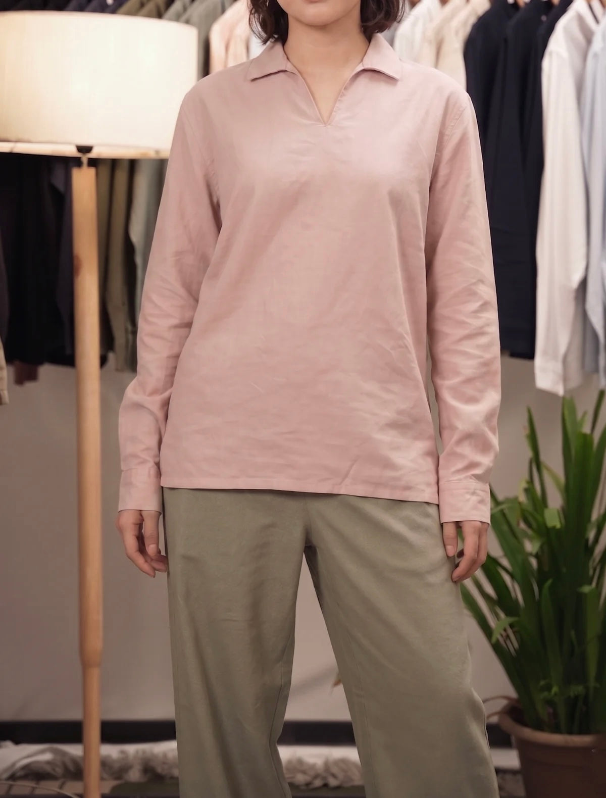 The Amalfi Shirt - Linen Effect V-Placket - Pink - Unisex
