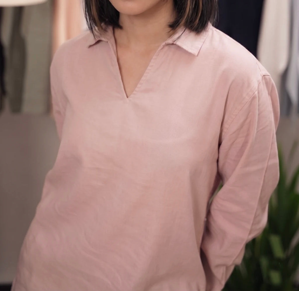 The Amalfi Shirt - Linen Effect V-Placket - Pink - Unisex