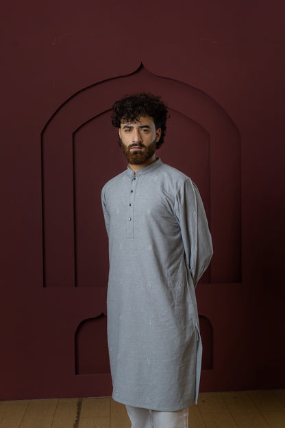 Azfar - Ash Blue All-Over Embroidered Panjabi