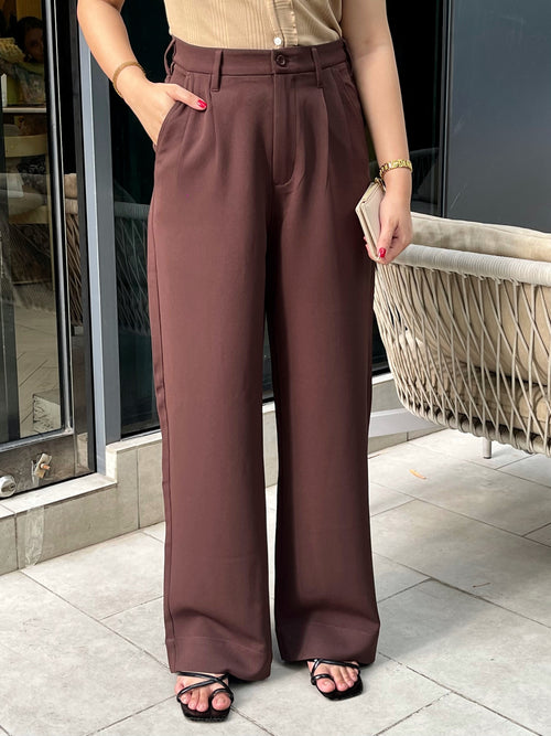 Wide Leg Pleated Pants for Women - Coffee