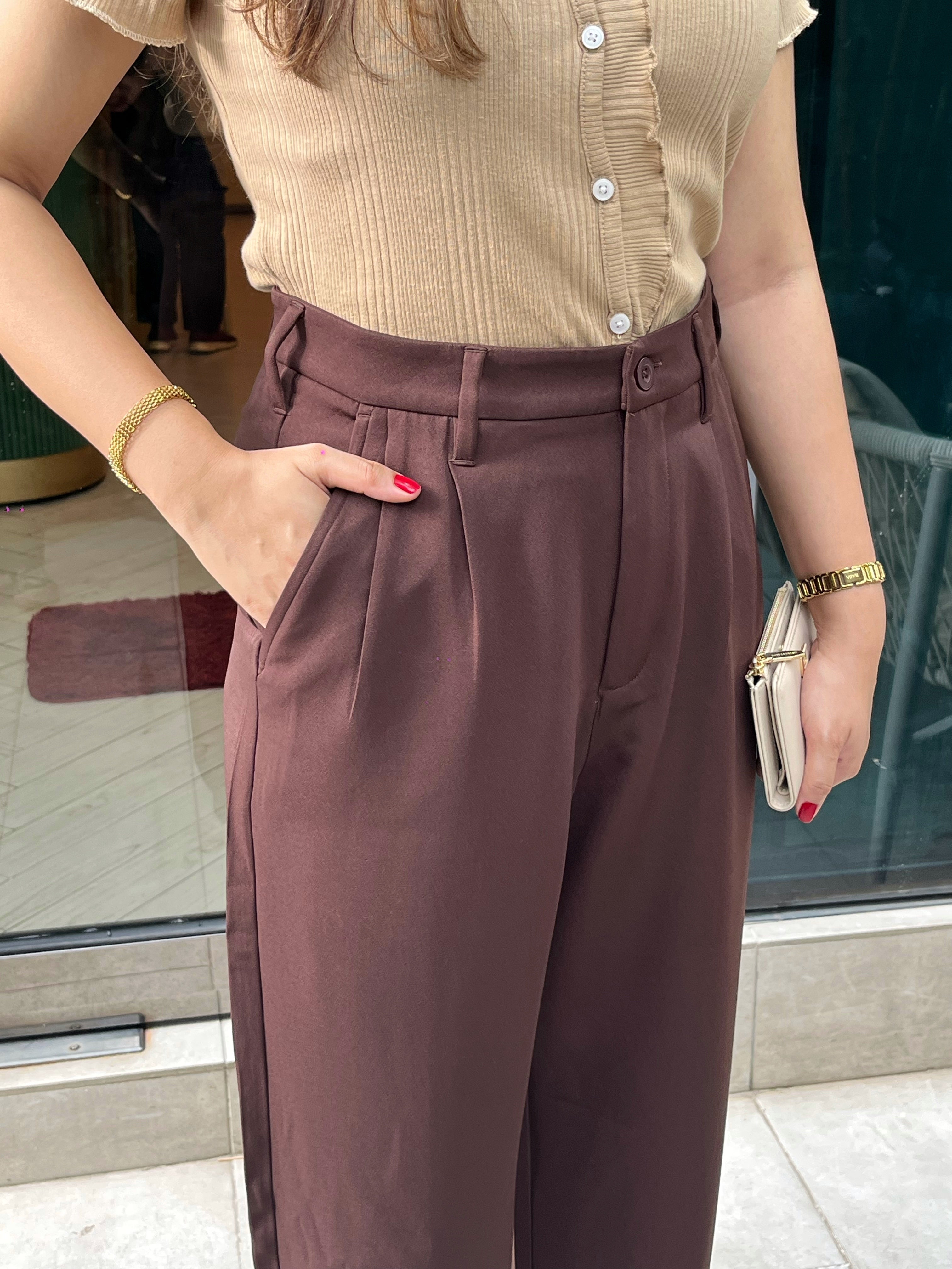 Wide Leg Pleated Pants for Women - Coffee