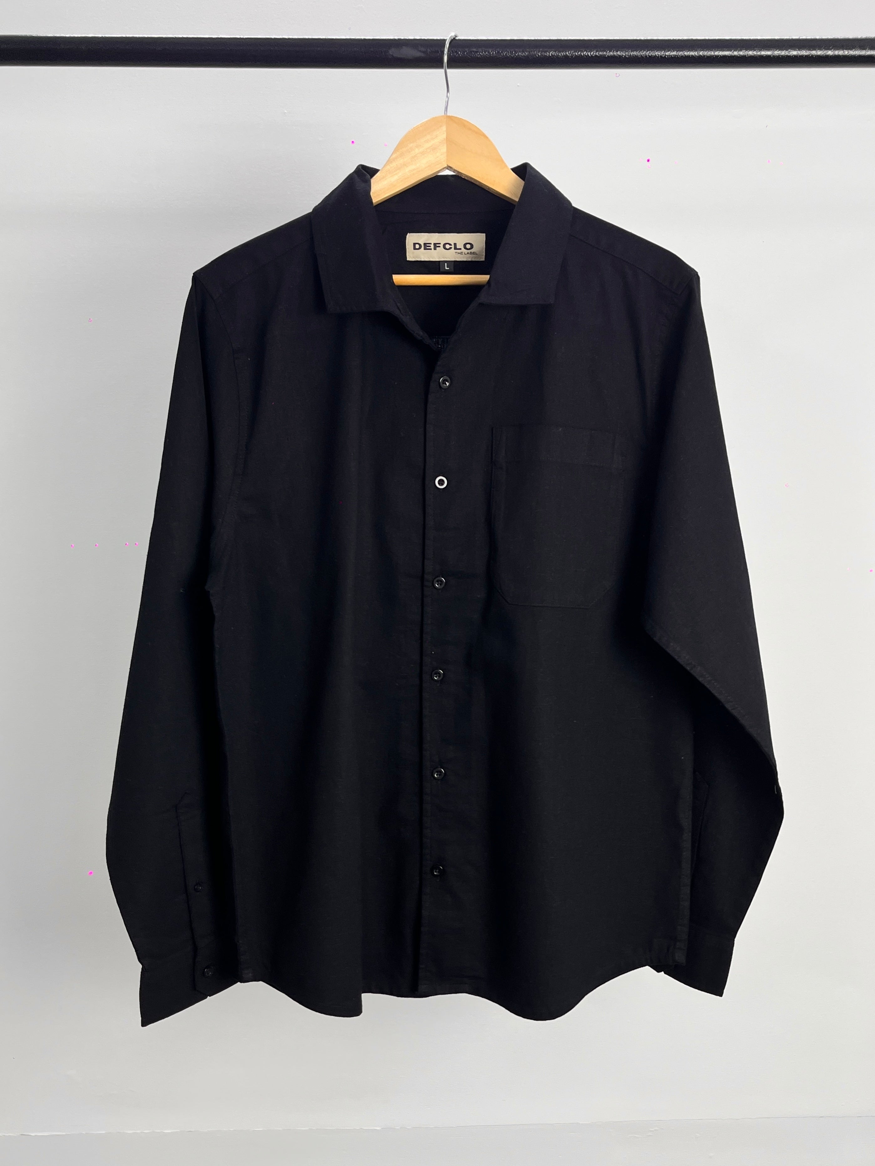 The European Collar - Linen Effect -  Long Sleeve Shirt For Men - Black