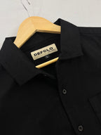 The European Collar - Linen Effect -  Long Sleeve Shirt For Men - Black