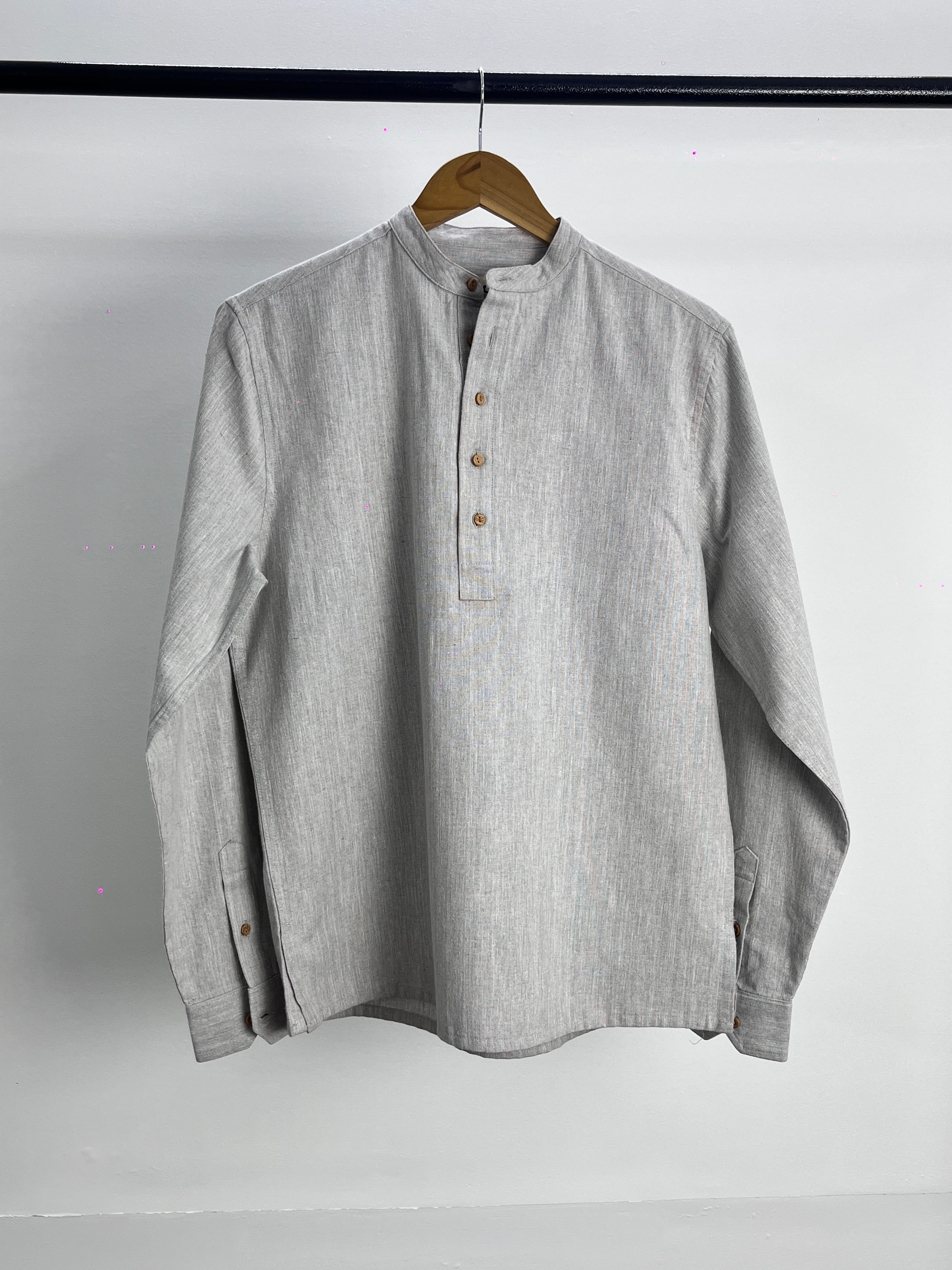 Linen Effect Henley - Light Grey - Unisex